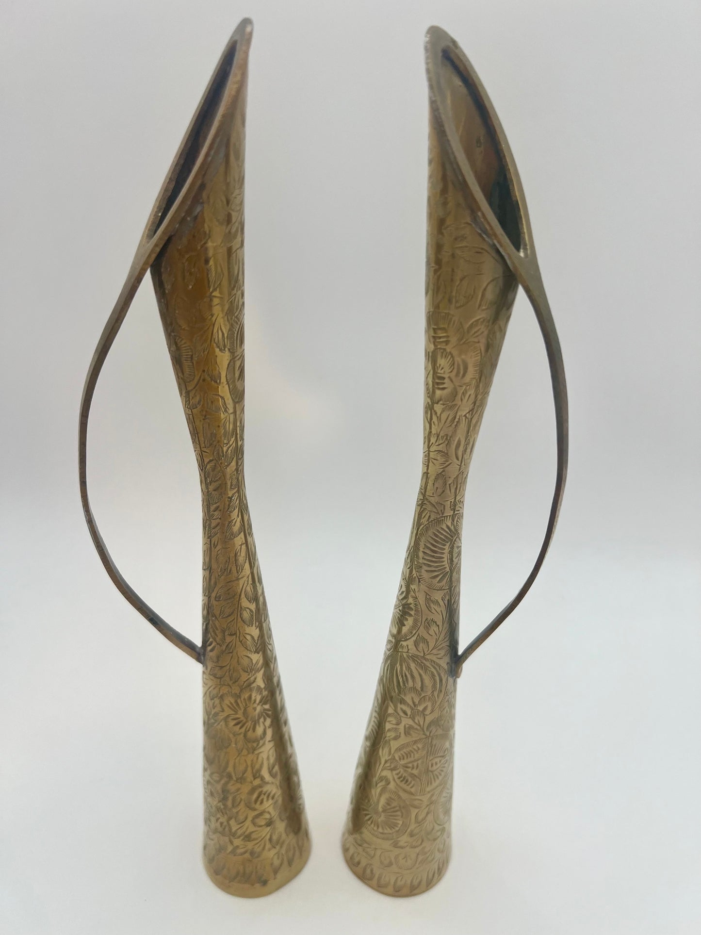 PAIR OF BRASS ETCHED PITCHER VASES