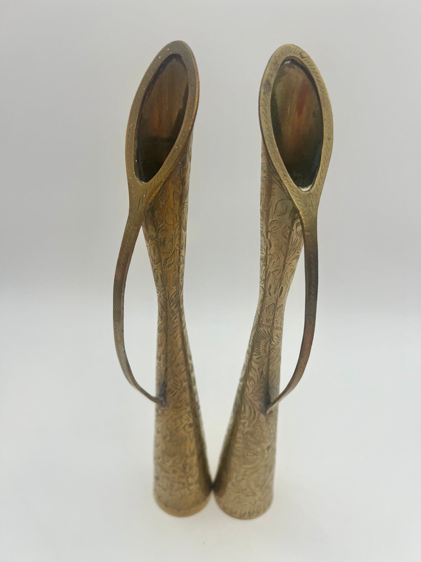 PAIR OF BRASS ETCHED PITCHER VASES