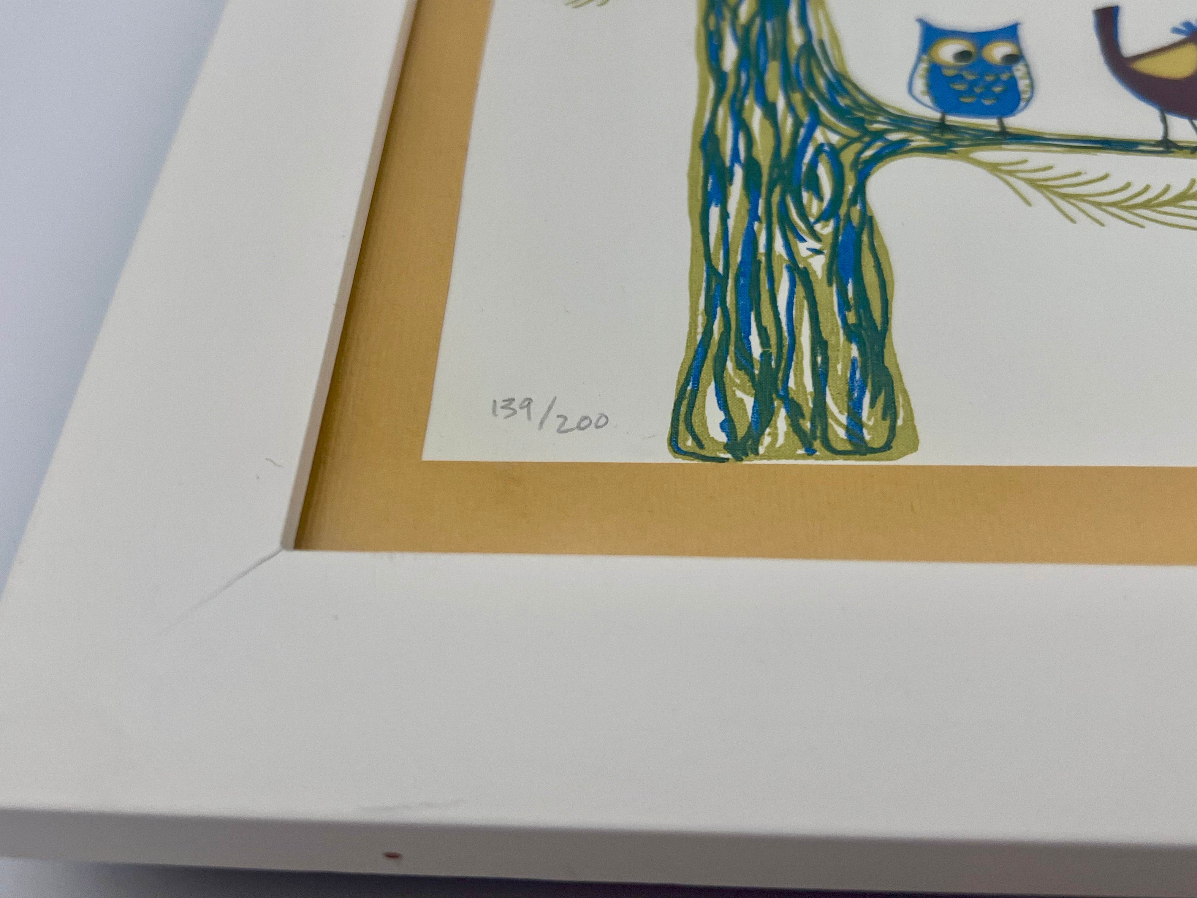 POLLY FRENCH LIMITED EDITION BIRD PRINT • 1970S WHIMSICAL ART • NUMBERED 139/200 • MID CENTURY STYLE • FRAMED WALL ART