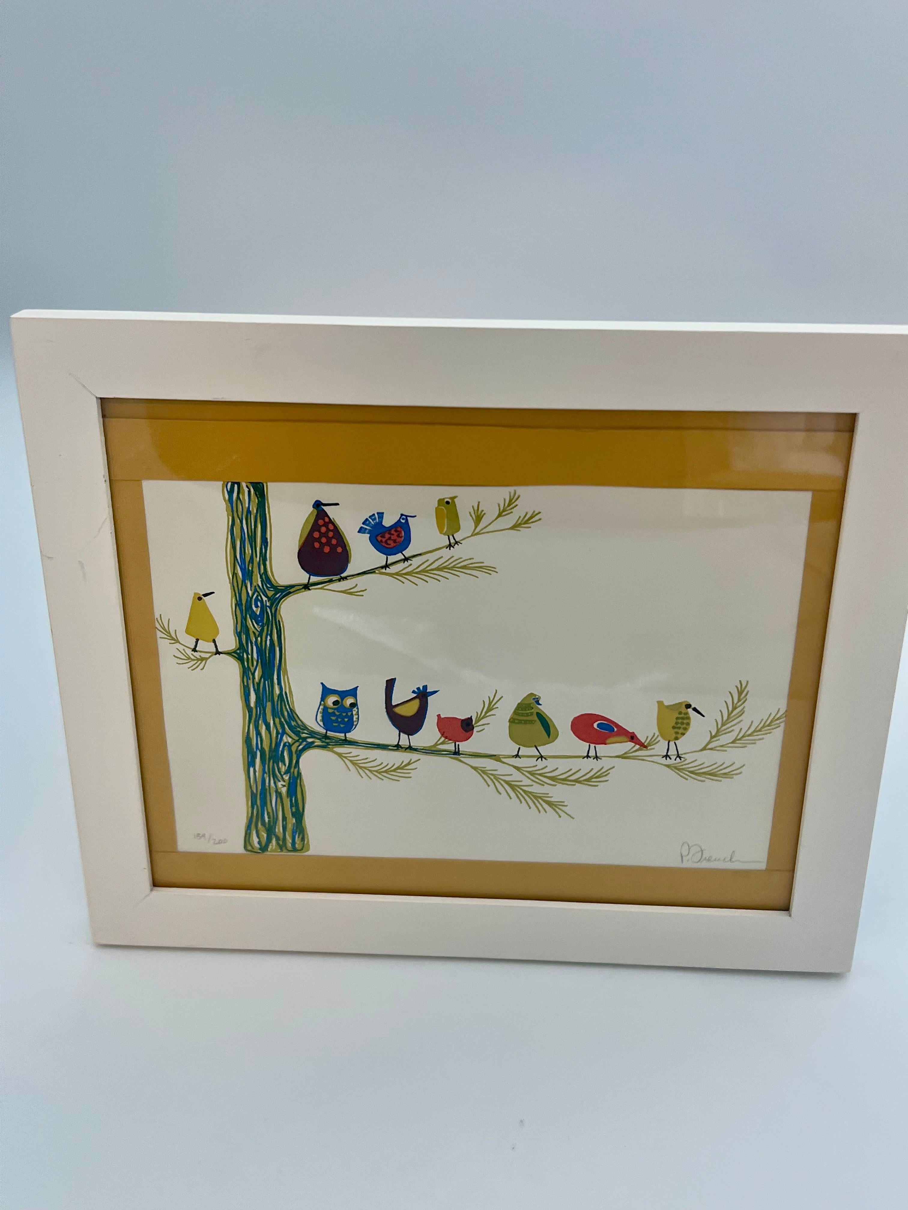POLLY FRENCH LIMITED EDITION BIRD PRINT • 1970S WHIMSICAL ART • NUMBERED 139/200 • MID CENTURY STYLE • FRAMED WALL ART
