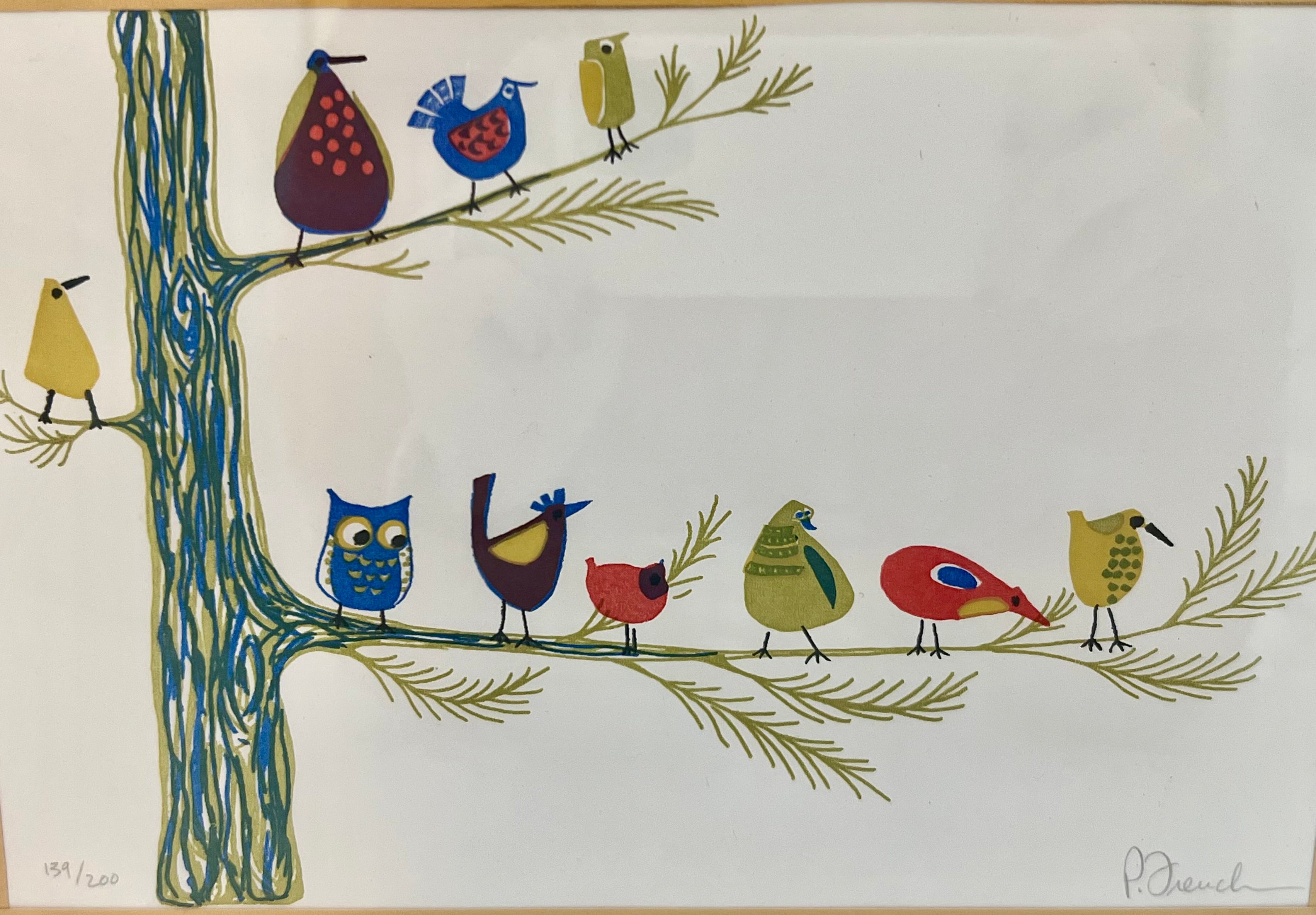 POLLY FRENCH LIMITED EDITION BIRD PRINT • 1970S WHIMSICAL ART • NUMBERED 139/200 • MID CENTURY STYLE • FRAMED WALL ART