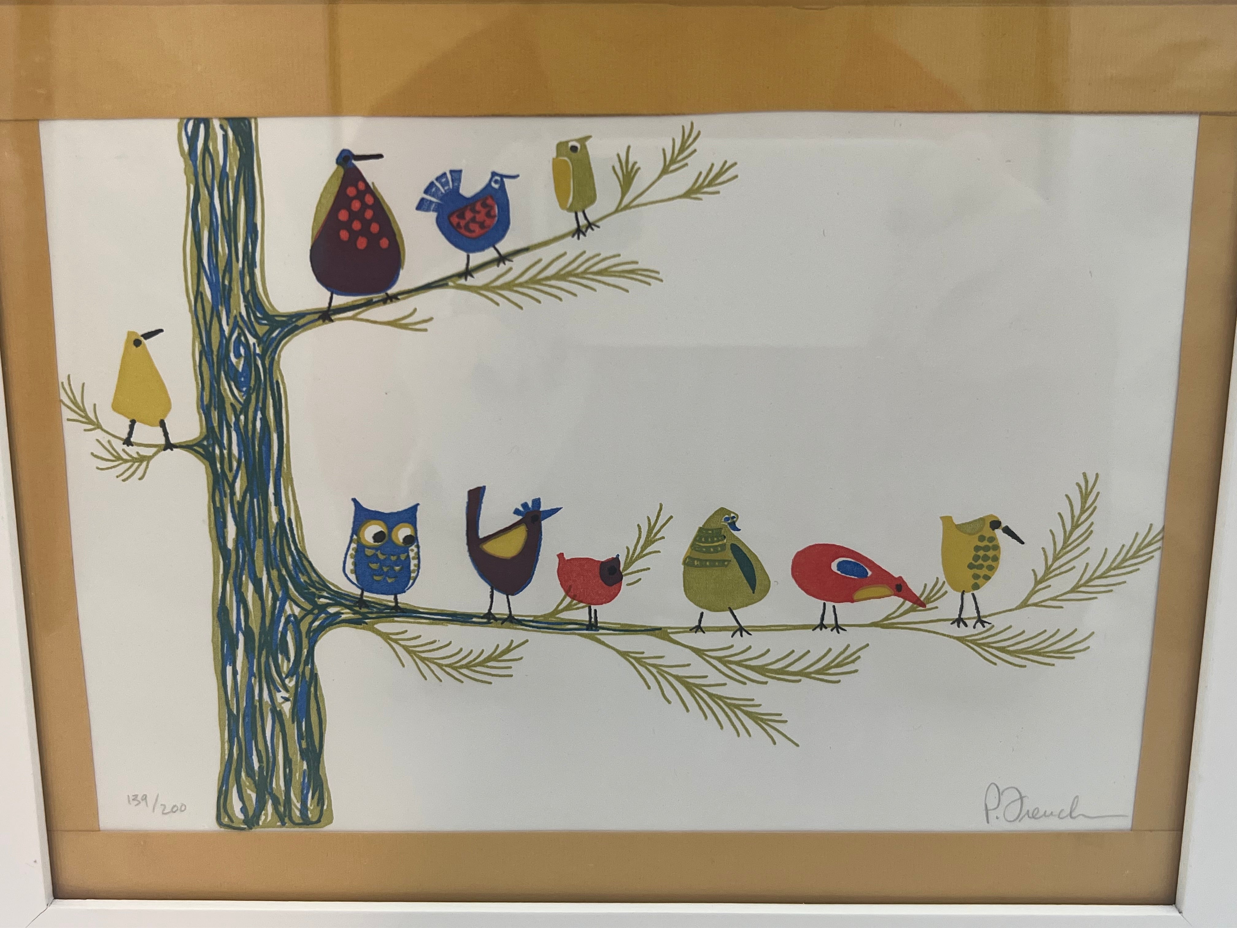 POLLY FRENCH LIMITED EDITION BIRD PRINT • 1970S WHIMSICAL ART • NUMBERED 139/200 • MID CENTURY STYLE • FRAMED WALL ART