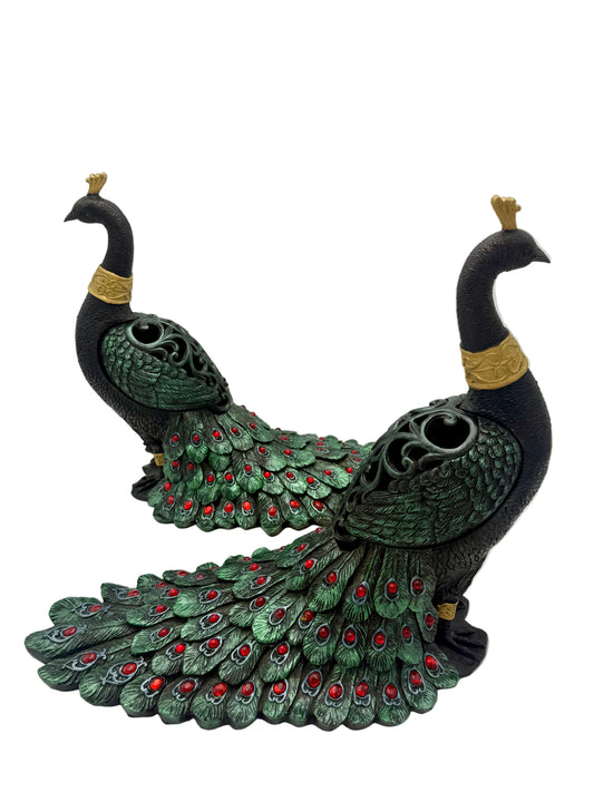 PAIR OF VINTAGE BLACK RED GREEN AND GOLD PEACOCKS WITH STORAGE