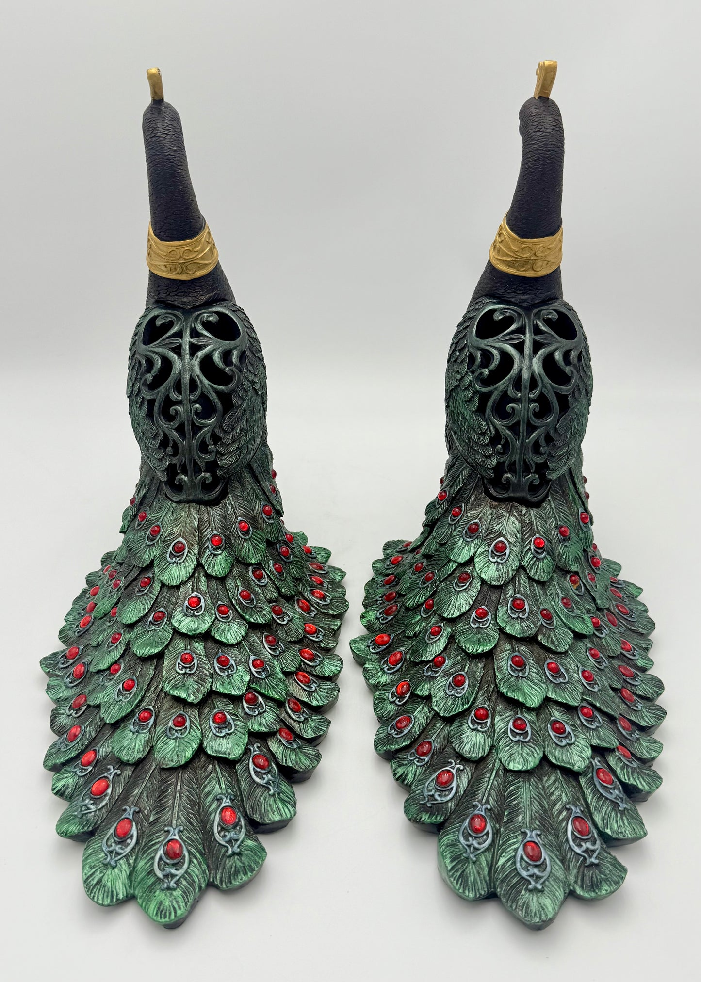 PAIR OF VINTAGE BLACK RED GREEN AND GOLD PEACOCKS WITH STORAGE