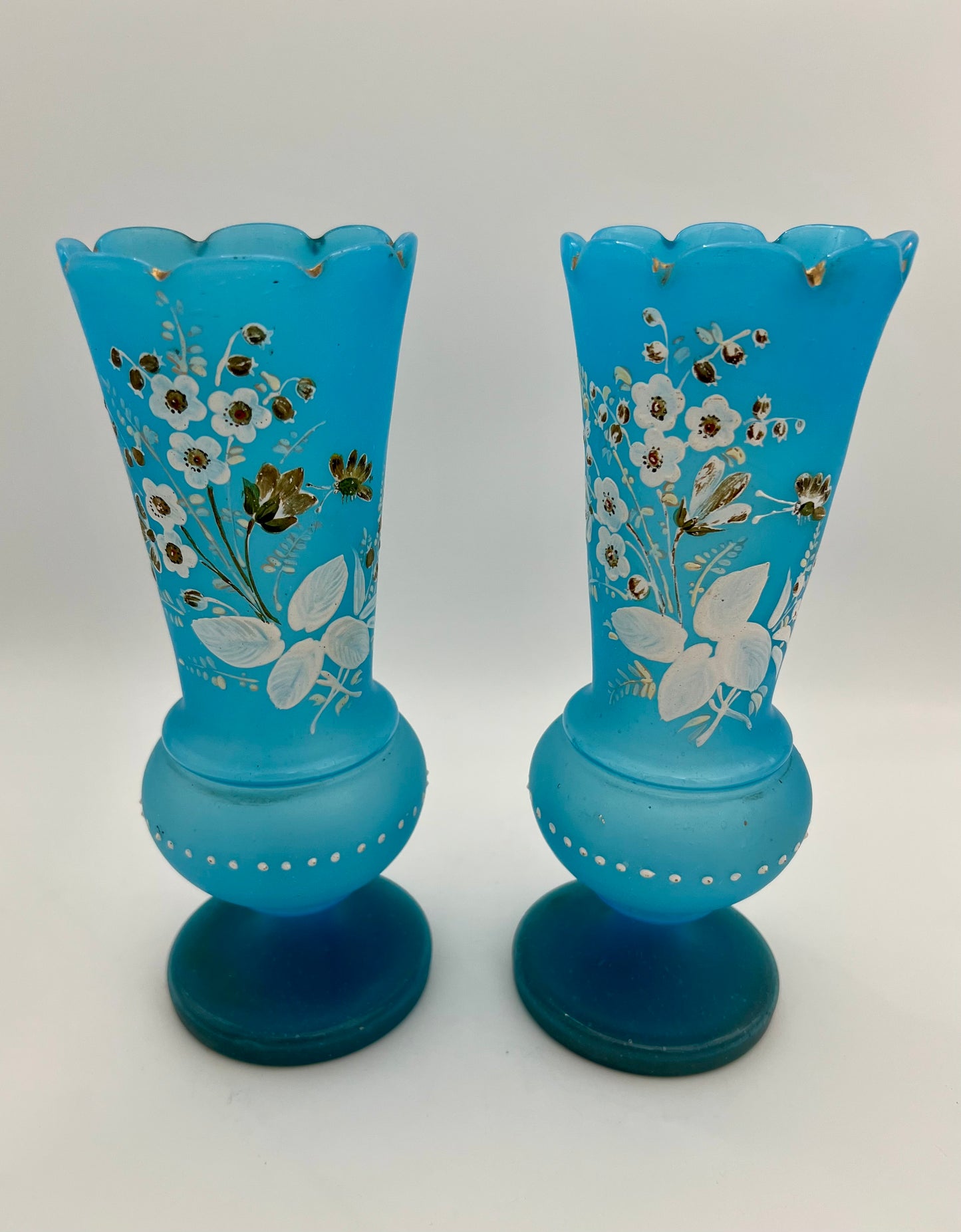 ANTIQUE PAIR OF HAND PAINTED FLORAL BLUE BRISTOL GLASS VASES, CIRCA LATE 1800s