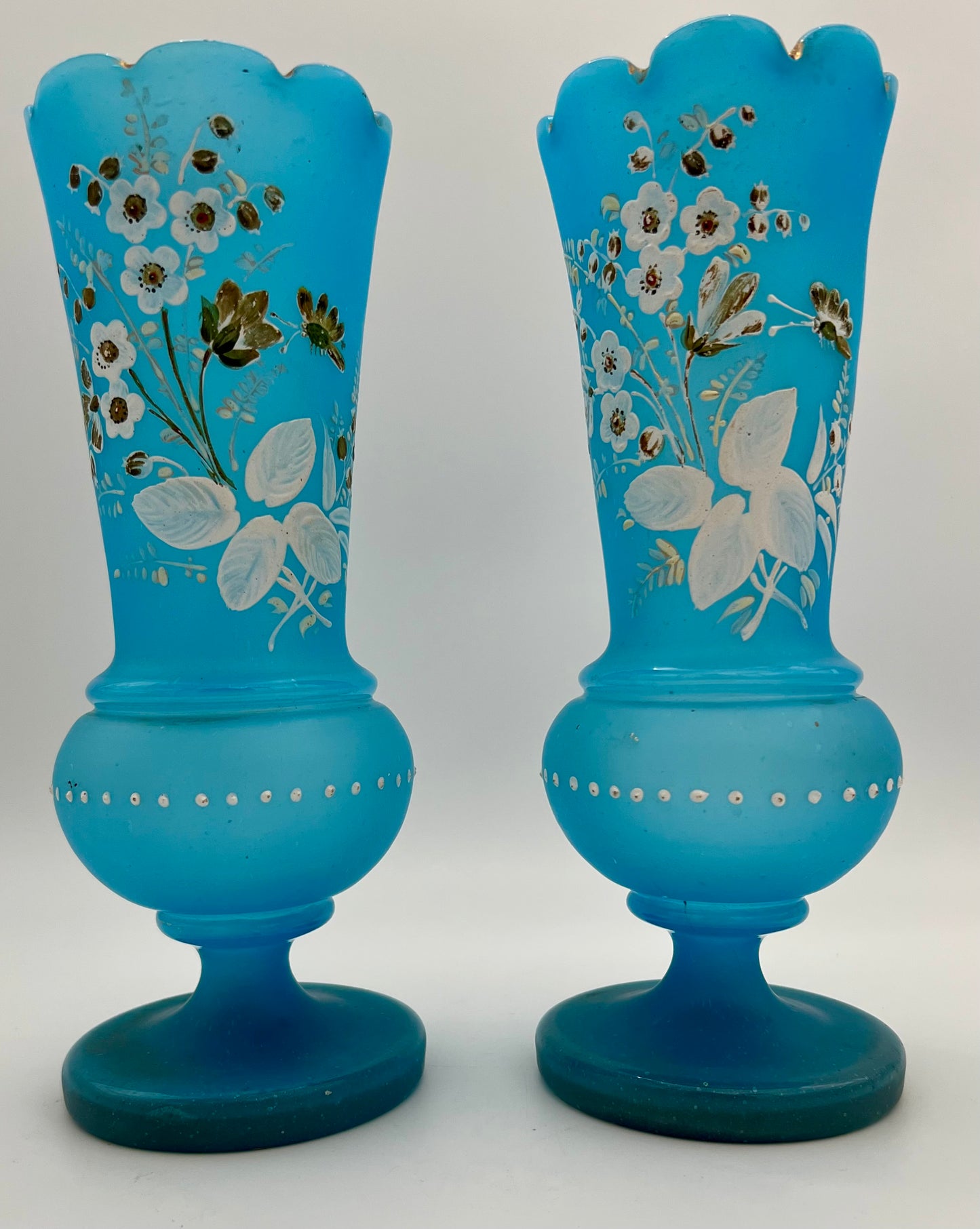ANTIQUE PAIR OF HAND PAINTED FLORAL BLUE BRISTOL GLASS VASES, CIRCA LATE 1800s