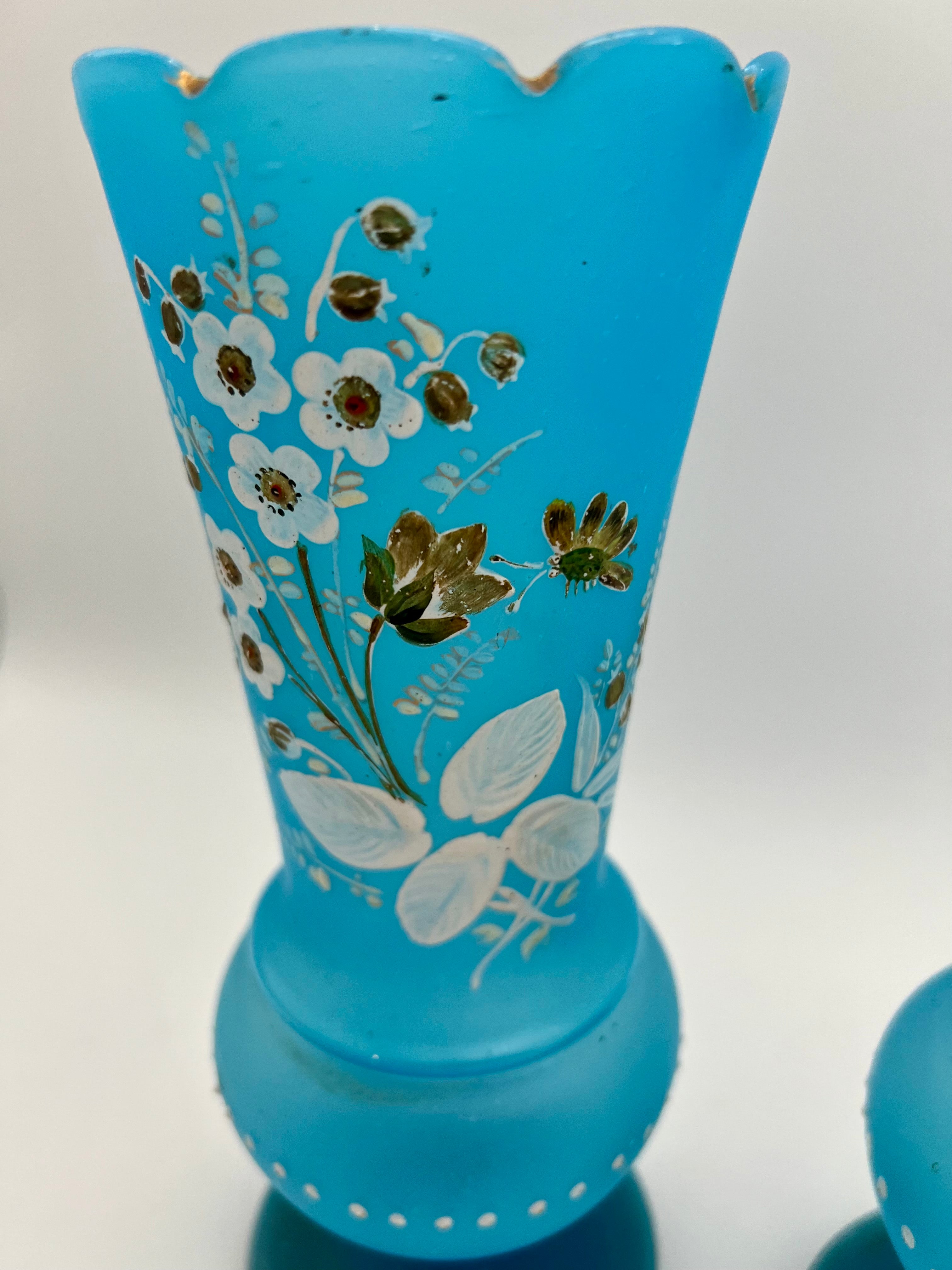 PAIR OF ANTIQUE BLUE SATIN GLASS VASES WITH ENAMELED FLORAL DESIGN – VICTORIAN BOHEMIAN HAND PAINTED – 11 INCHES