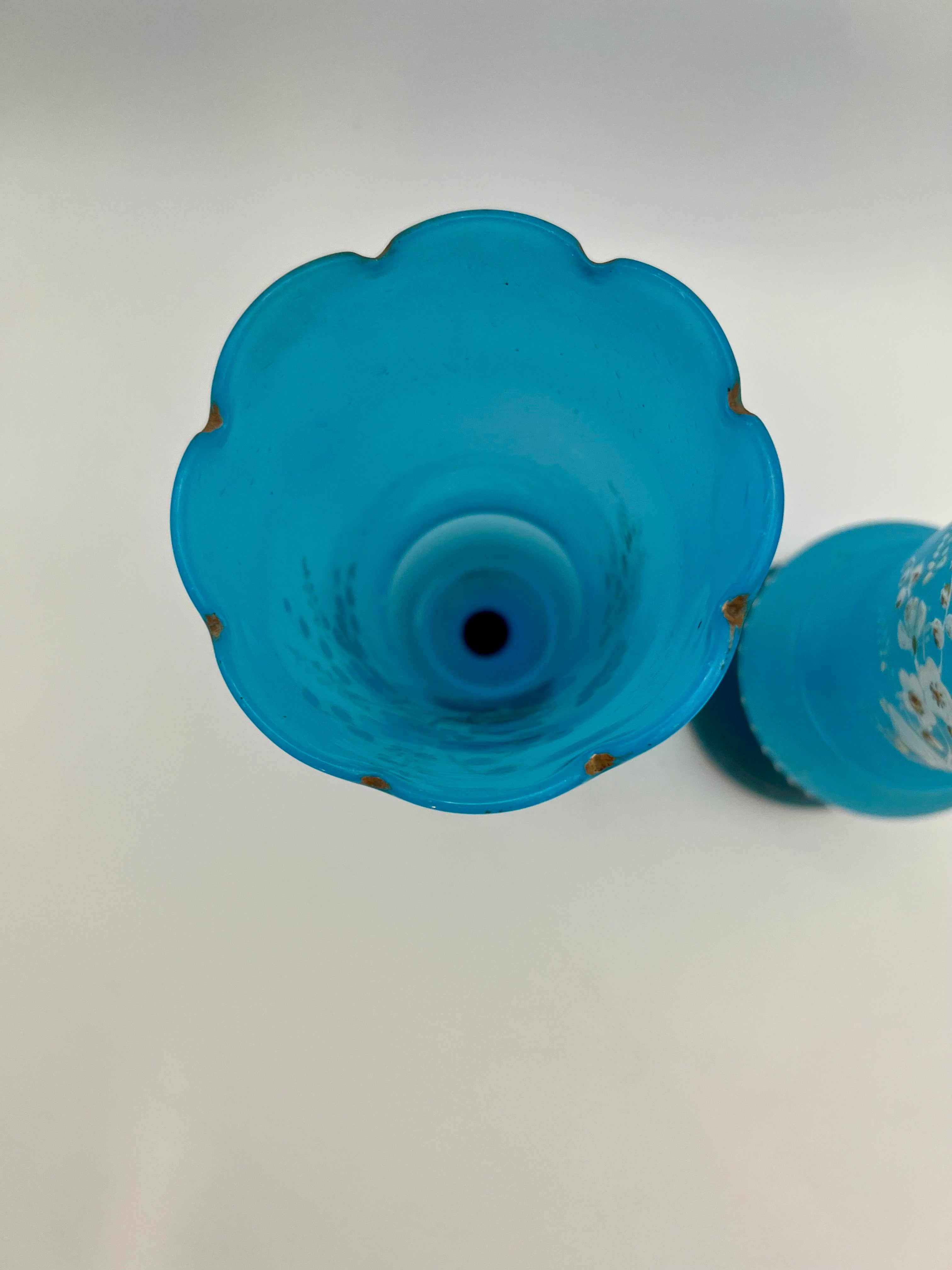 PAIR OF ANTIQUE BLUE SATIN GLASS VASES WITH ENAMELED FLORAL DESIGN – VICTORIAN BOHEMIAN HAND PAINTED – 11 INCHES