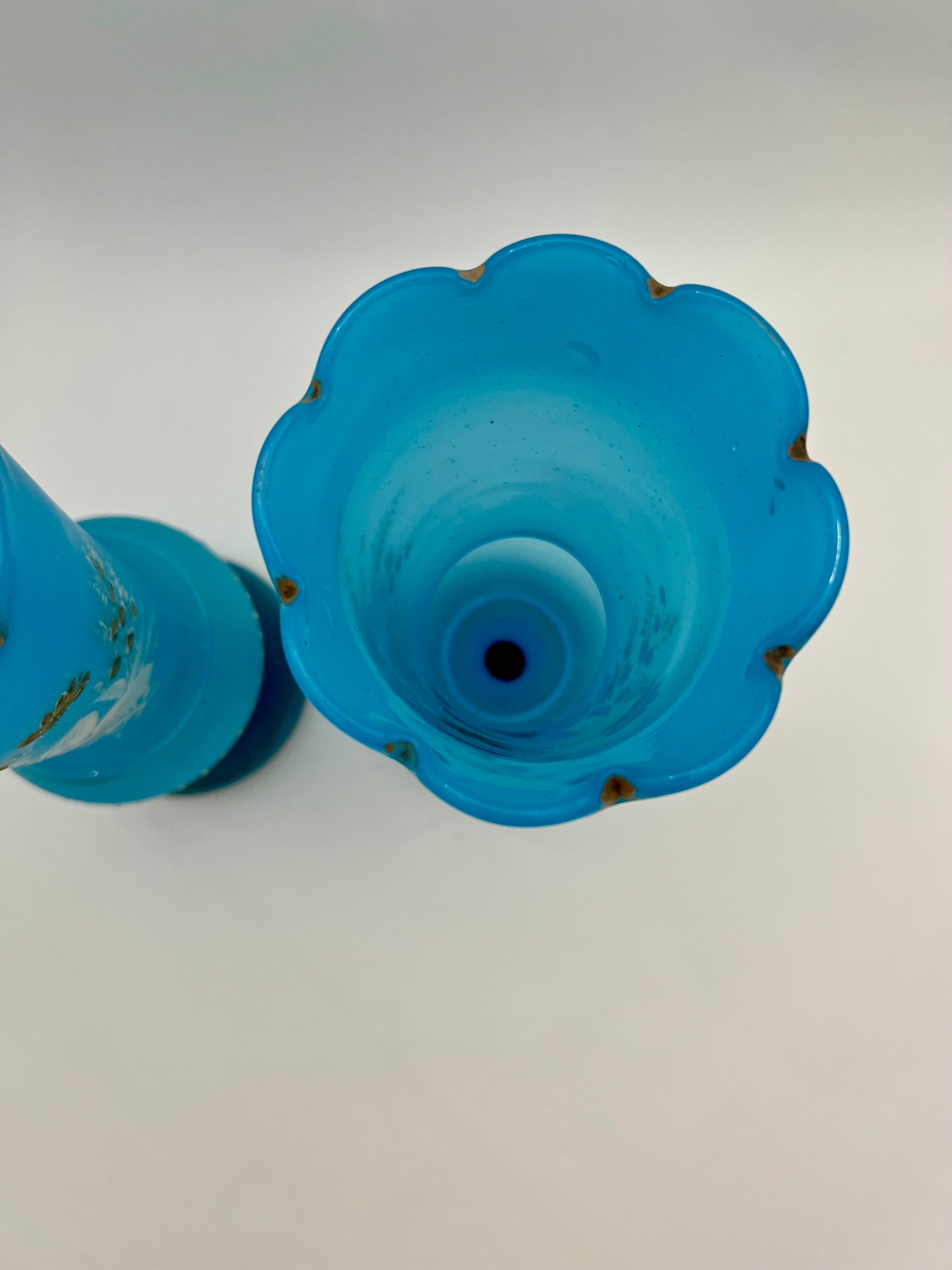 PAIR OF ANTIQUE BLUE SATIN GLASS VASES WITH ENAMELED FLORAL DESIGN – VICTORIAN BOHEMIAN HAND PAINTED – 11 INCHES