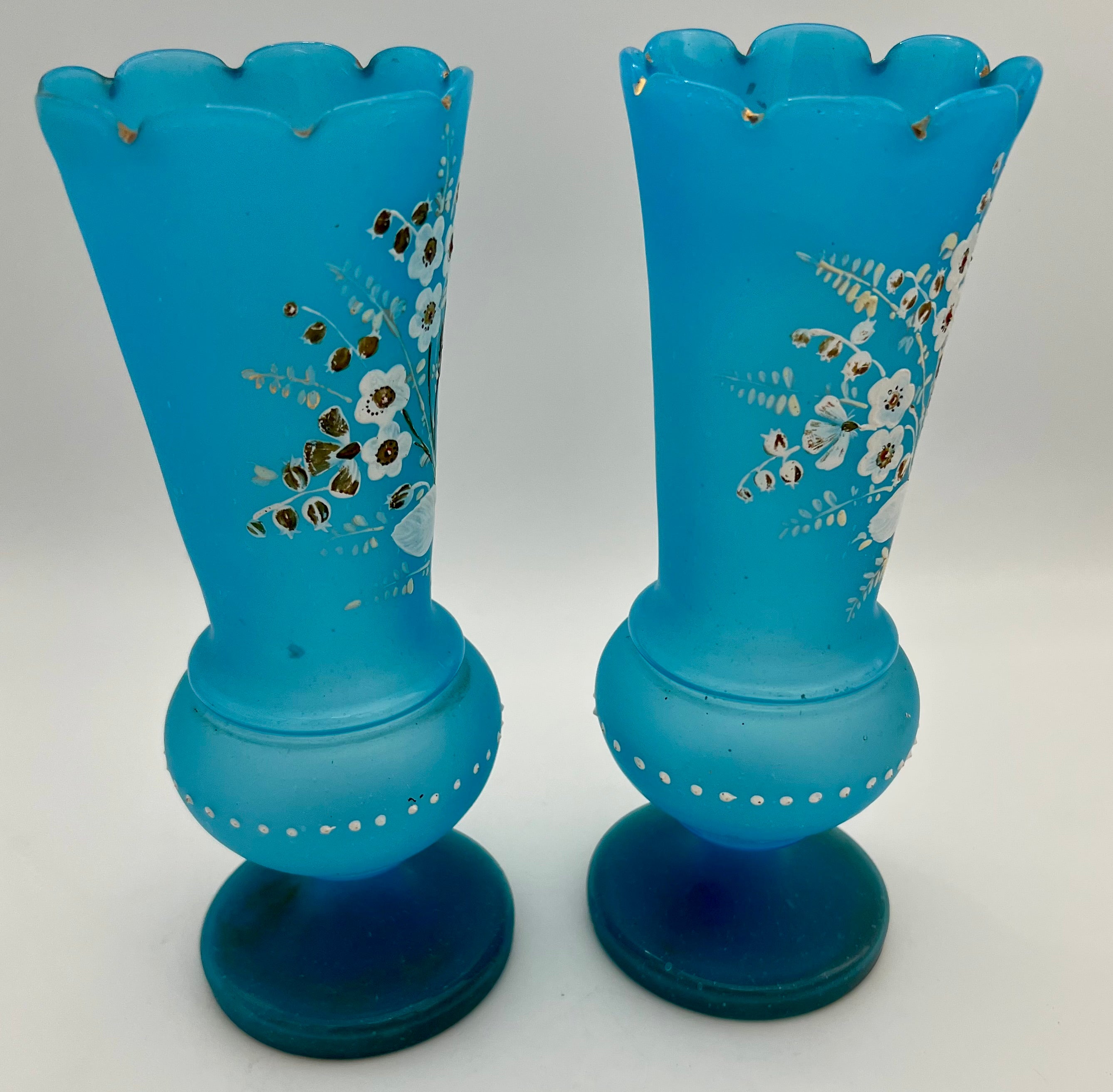 PAIR OF ANTIQUE BLUE SATIN GLASS VASES WITH ENAMELED FLORAL DESIGN – VICTORIAN BOHEMIAN HAND PAINTED – 11 INCHES