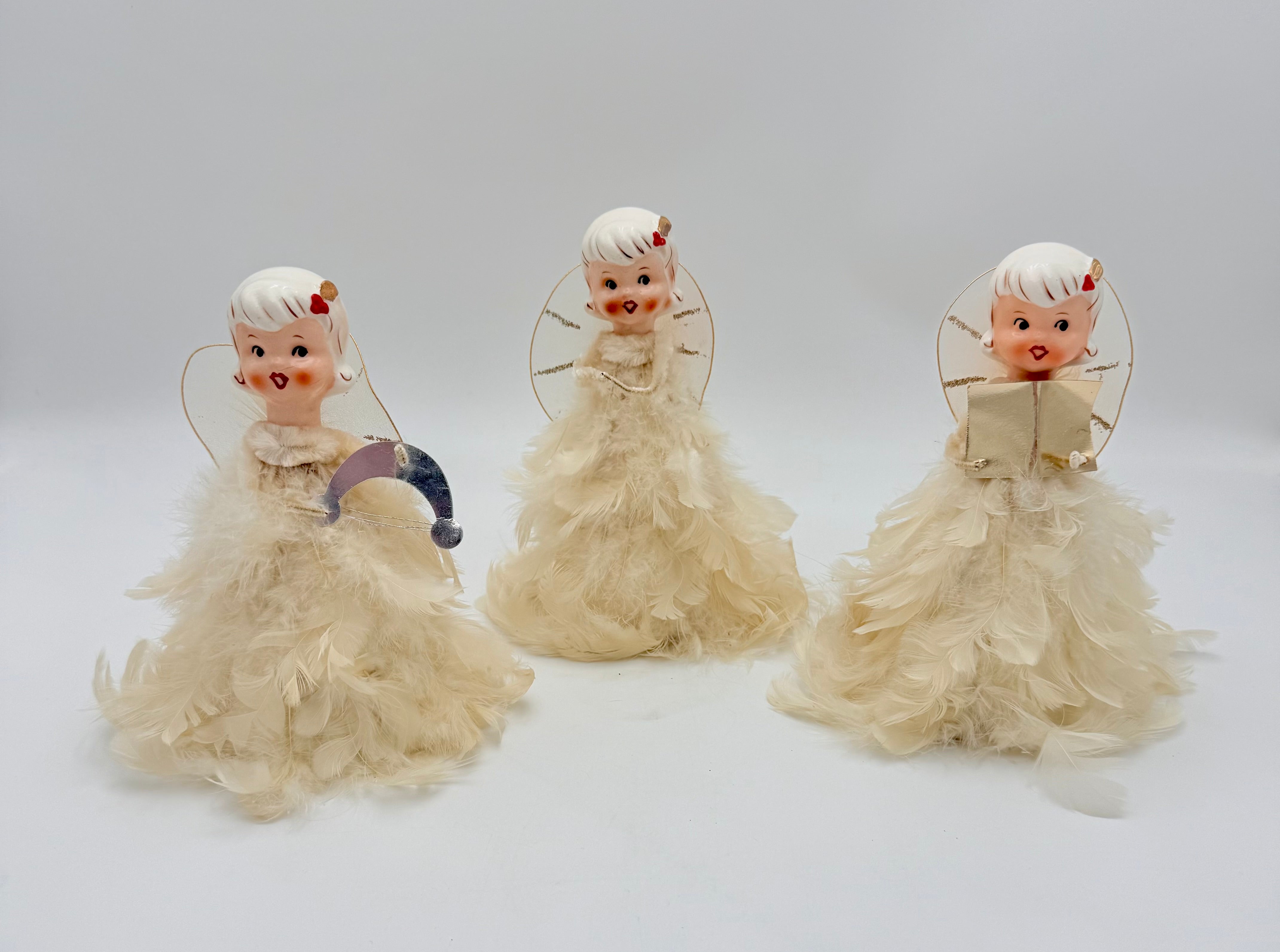 HOLT-HOWARD Feather Angels – Set of 3 – HH Japan 1950s Choir Angels – Mid-Century Christmas Figurines – Vintage MCM Holiday Decor
