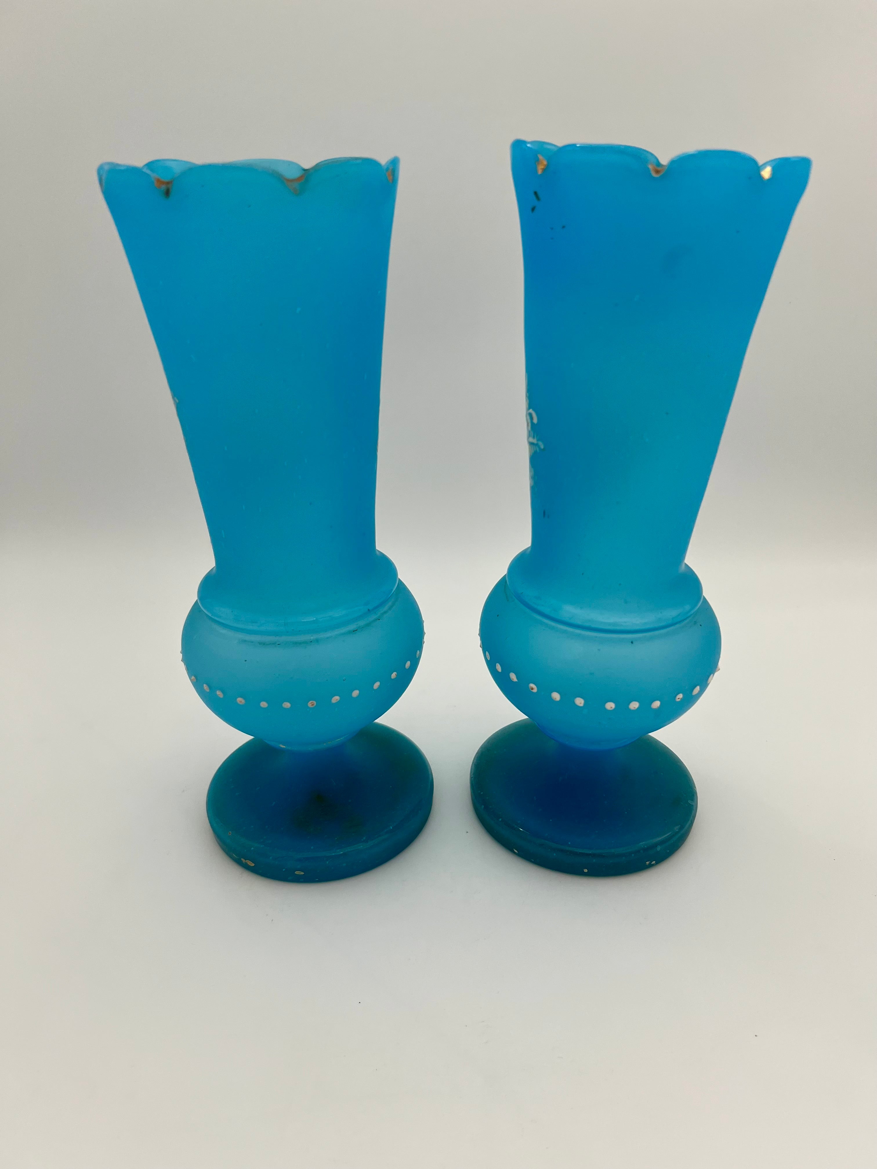 PAIR OF ANTIQUE BLUE SATIN GLASS VASES WITH ENAMELED FLORAL DESIGN – VICTORIAN BOHEMIAN HAND PAINTED – 11 INCHES