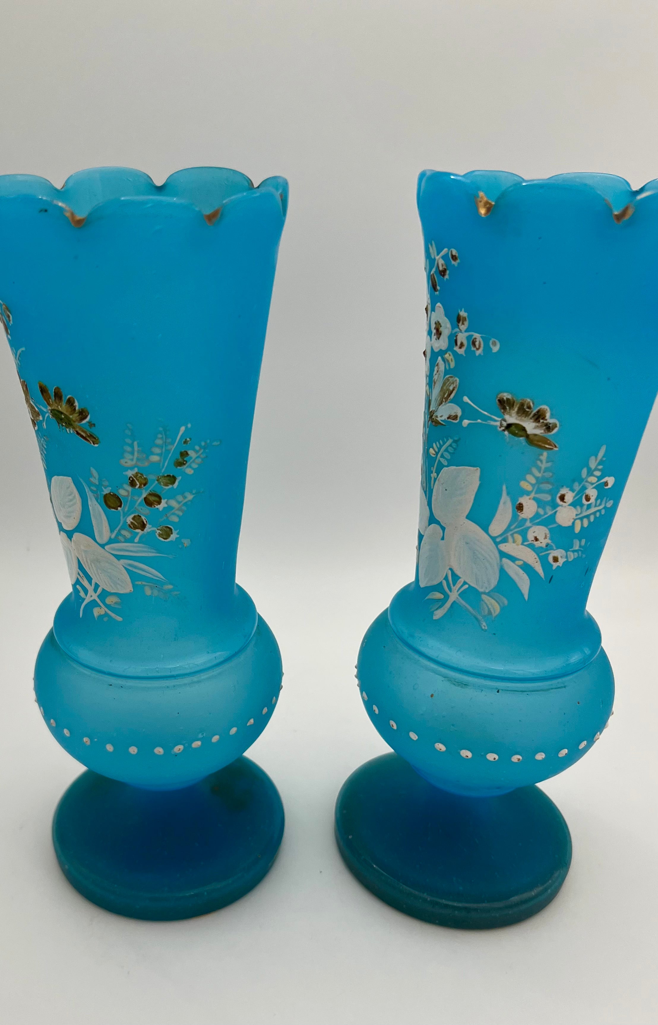 PAIR OF ANTIQUE BLUE SATIN GLASS VASES WITH ENAMELED FLORAL DESIGN – VICTORIAN BOHEMIAN HAND PAINTED – 11 INCHES