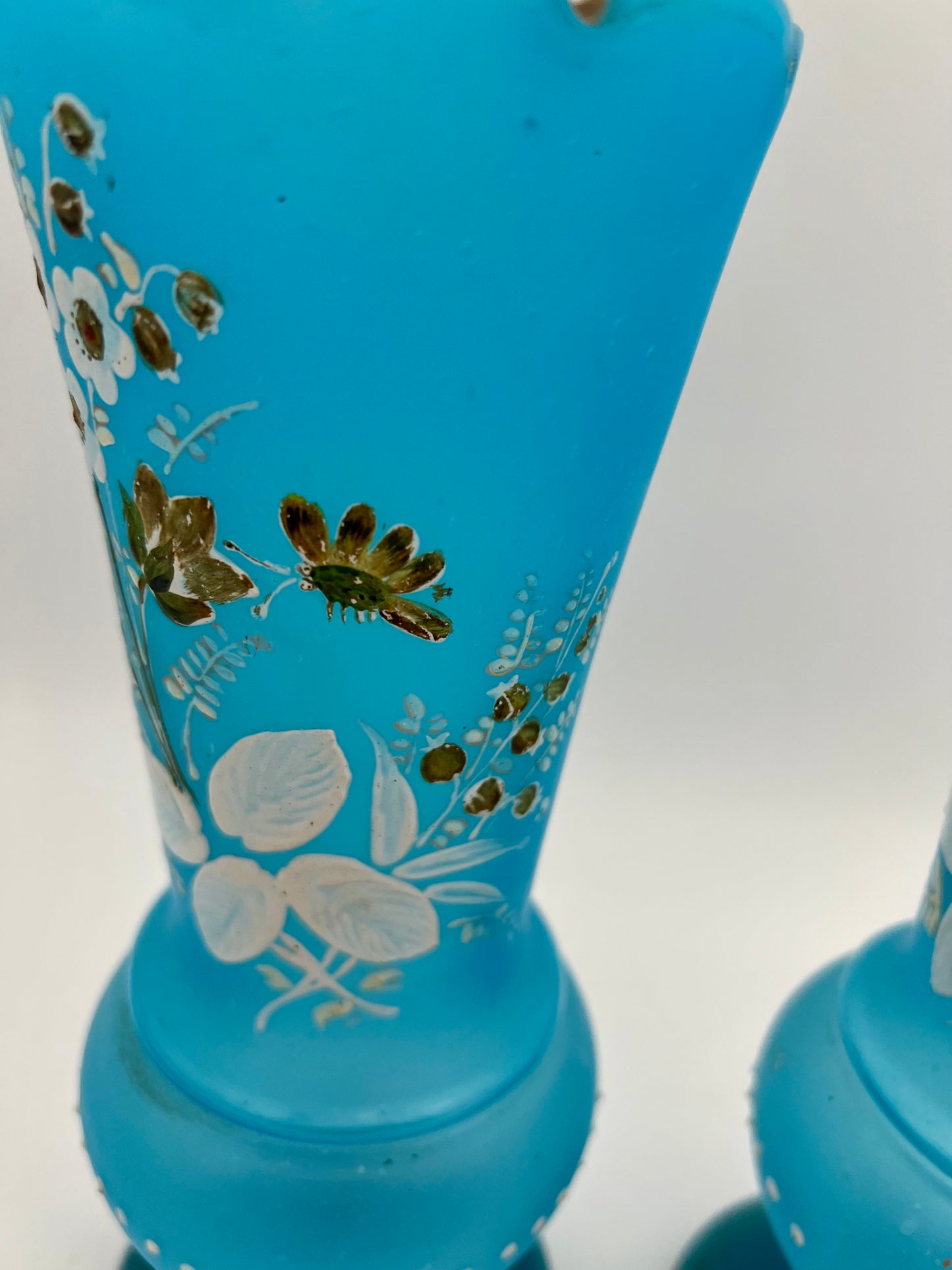 ANTIQUE PAIR OF HAND PAINTED FLORAL BLUE BRISTOL GLASS VASES, CIRCA LATE 1800s