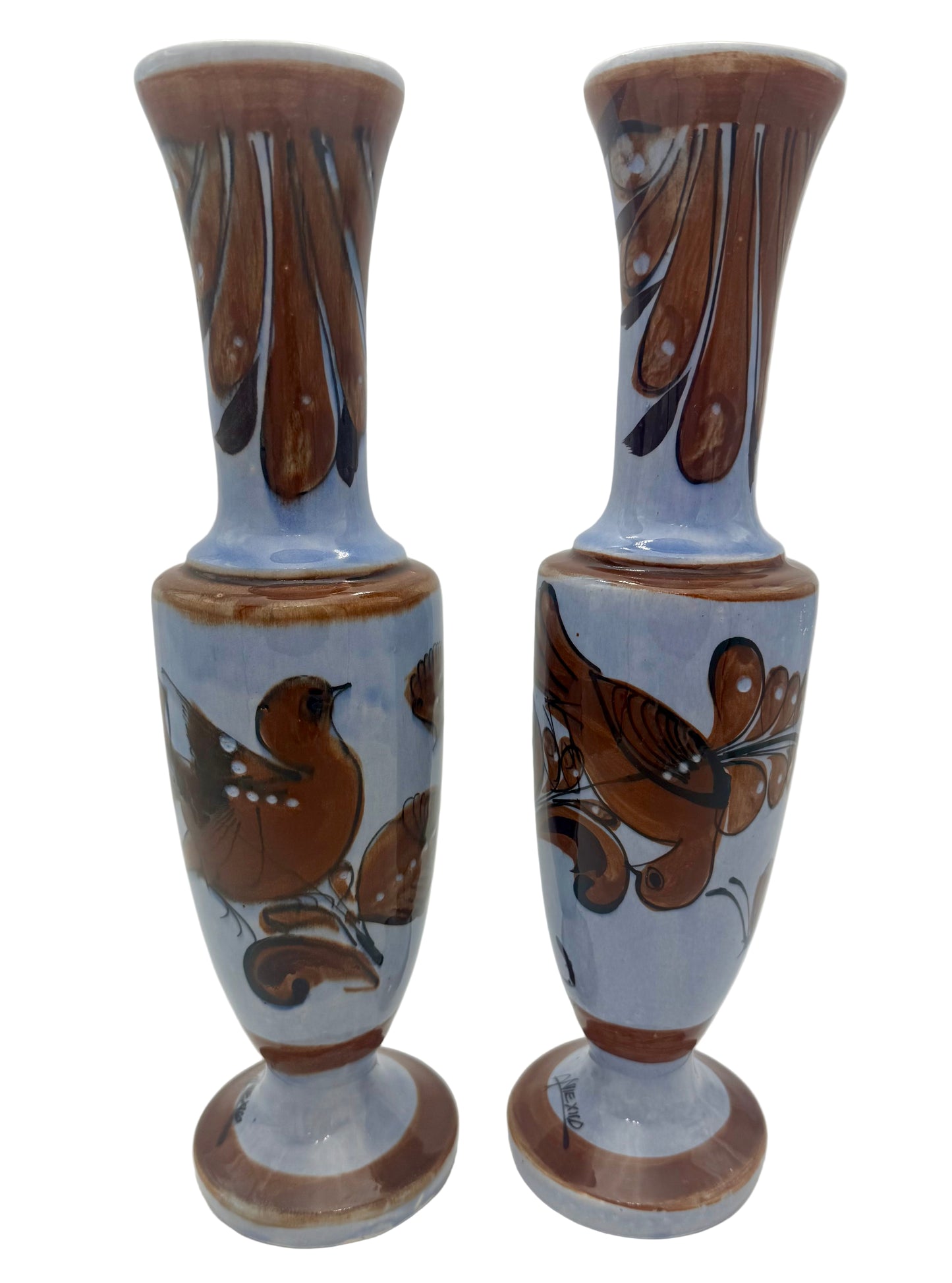 MIDCENTURY TONALA MEXICO SIGNED BIRDS AND BUTTERFLY 16" TALL BOHO VASES