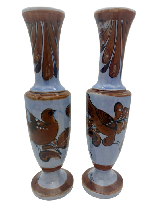 MIDCENTURY TONALA MEXICO SIGNED BIRDS AND BUTTERFLY 16" TALL BOHO VASES