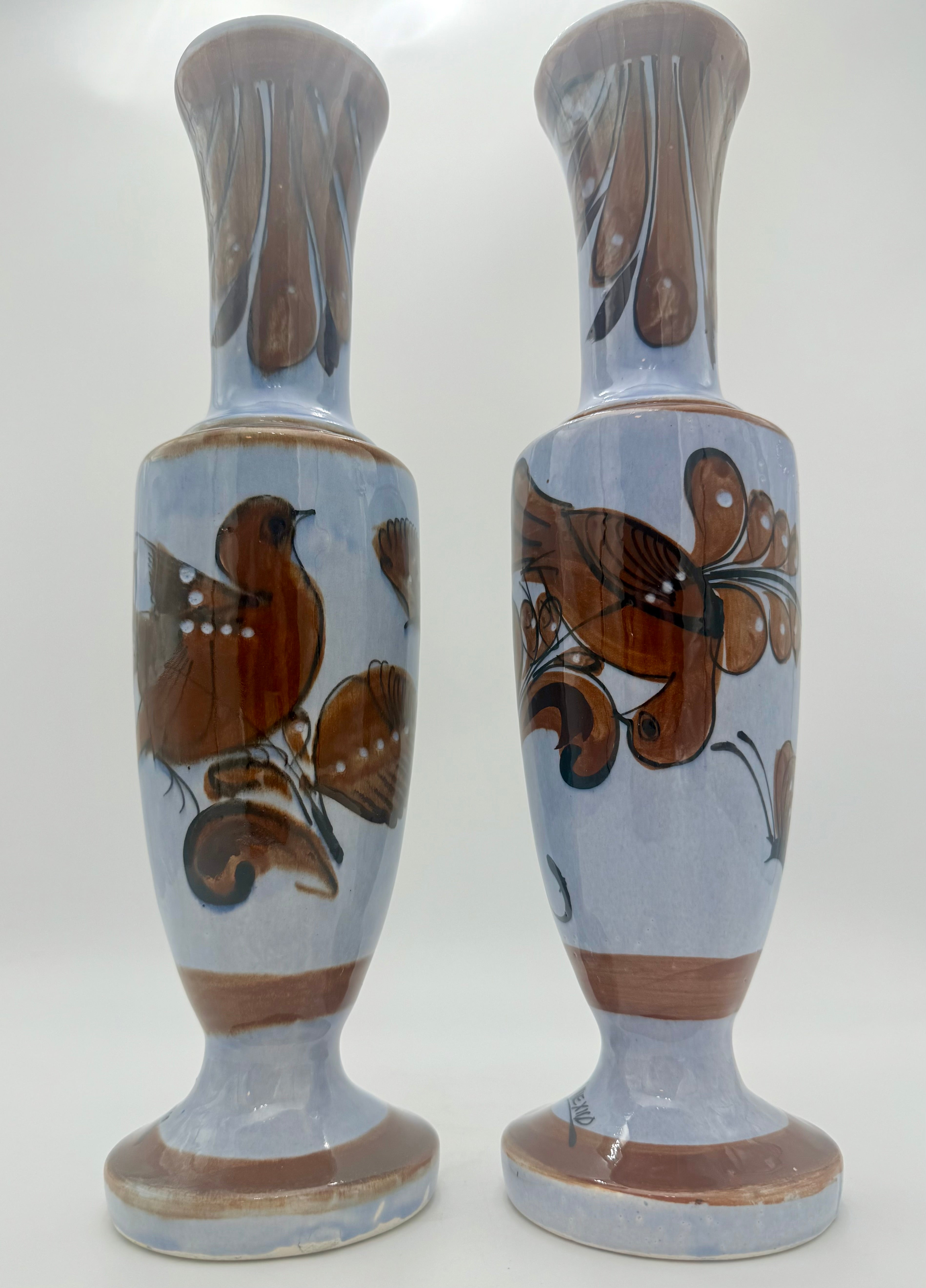VINTAGE STUDIO POTTERY BIRD & BUTTERFLY VASES SIGNED ALEX XID | MID CENTURY HAND PAINTED CERAMIC VASES | 16 INCH ART POTTERY