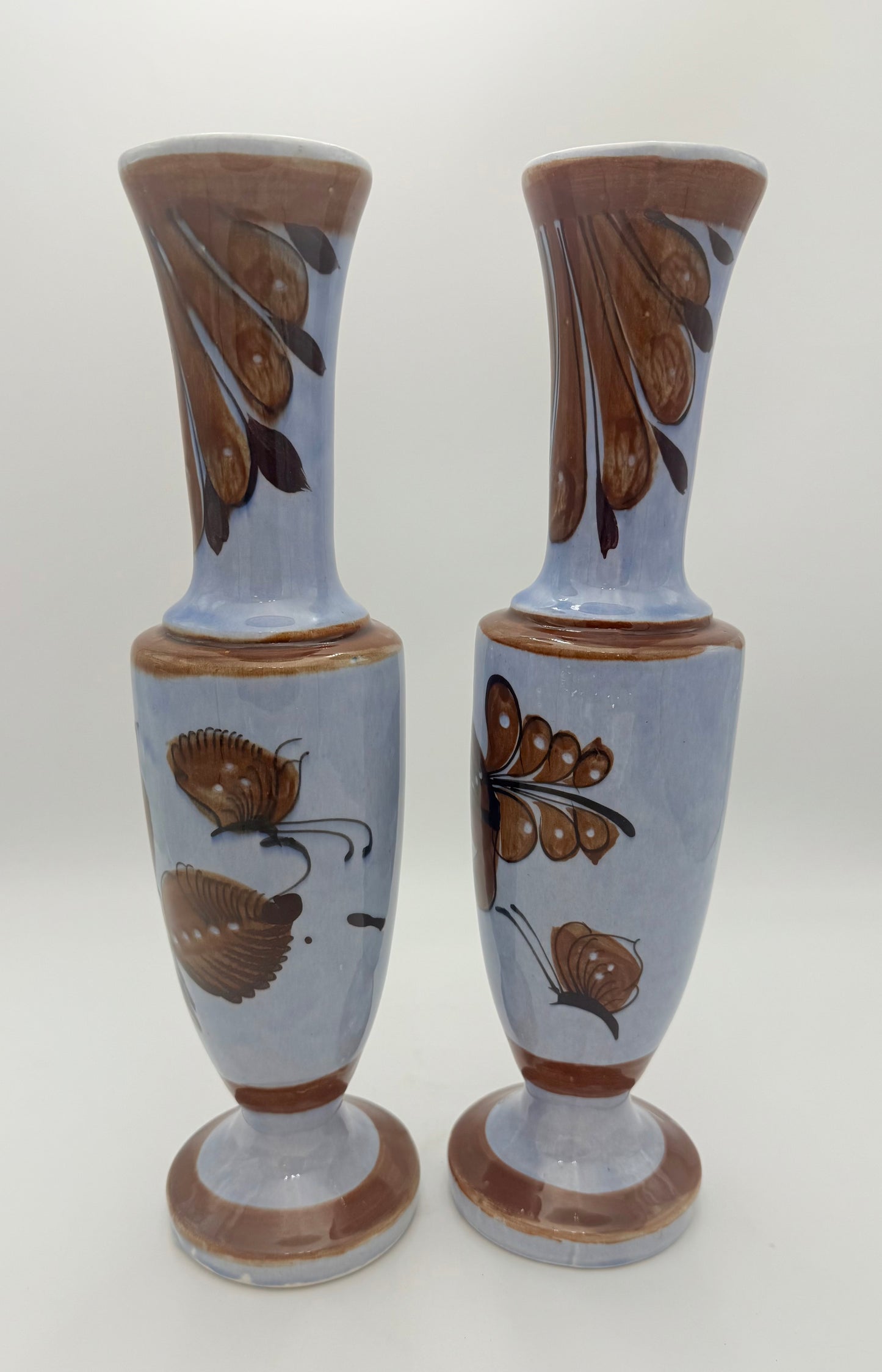 MIDCENTURY TONALA MEXICO SIGNED BIRDS AND BUTTERFLY 16" TALL BOHO VASES