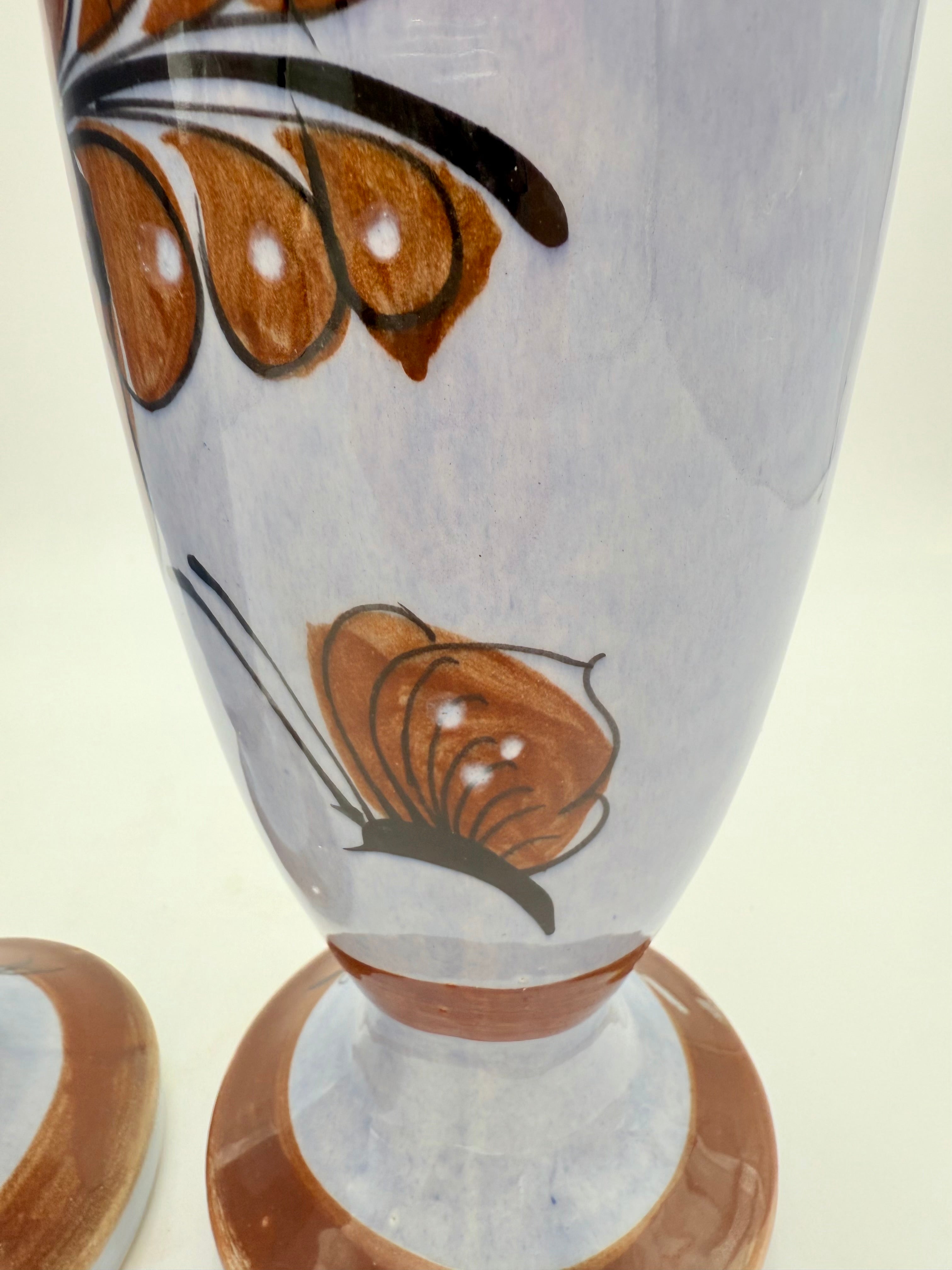 VINTAGE STUDIO POTTERY BIRD & BUTTERFLY VASES SIGNED ALEX XID | MID CENTURY HAND PAINTED CERAMIC VASES | 16 INCH ART POTTERY