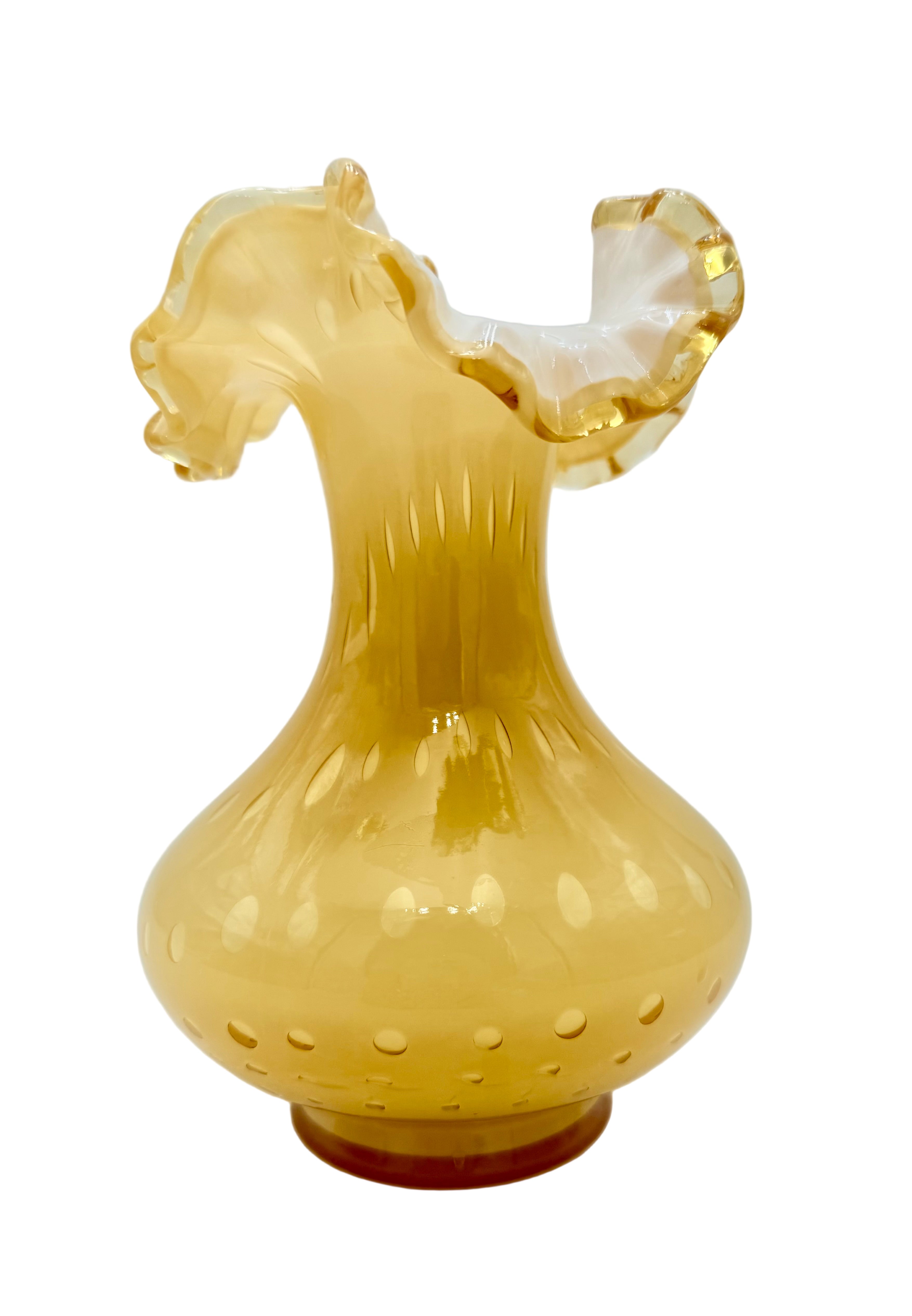 VINTAGE AMBER YELLOW OPALESCENT ART GLASS VASE WITH RUFFLED RIM – MID CENTURY EUROPEAN DECOR – 7.5 INCH