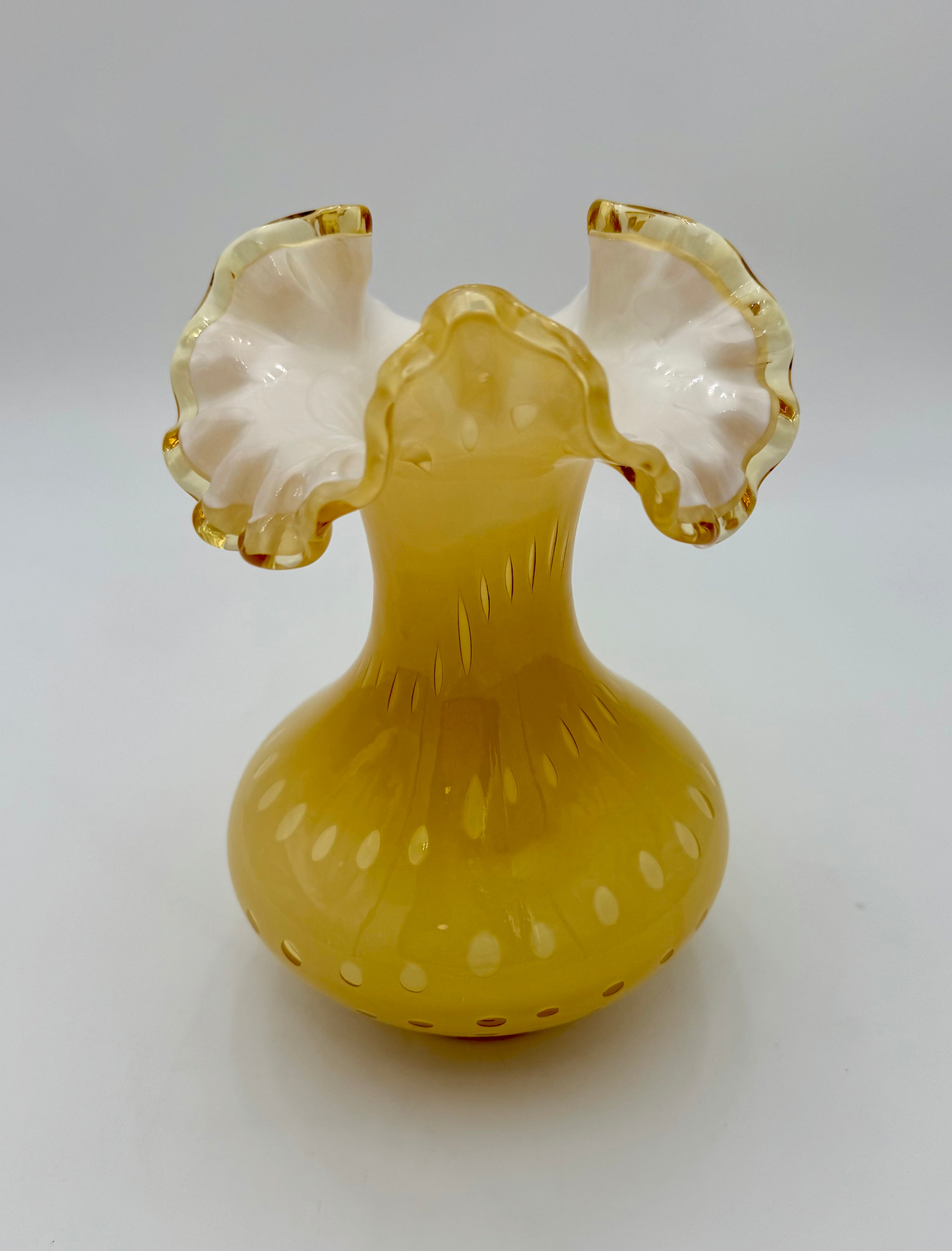 VINTAGE AMBER YELLOW OPALESCENT ART GLASS VASE WITH RUFFLED RIM – MID CENTURY EUROPEAN DECOR – 7.5 INCH
