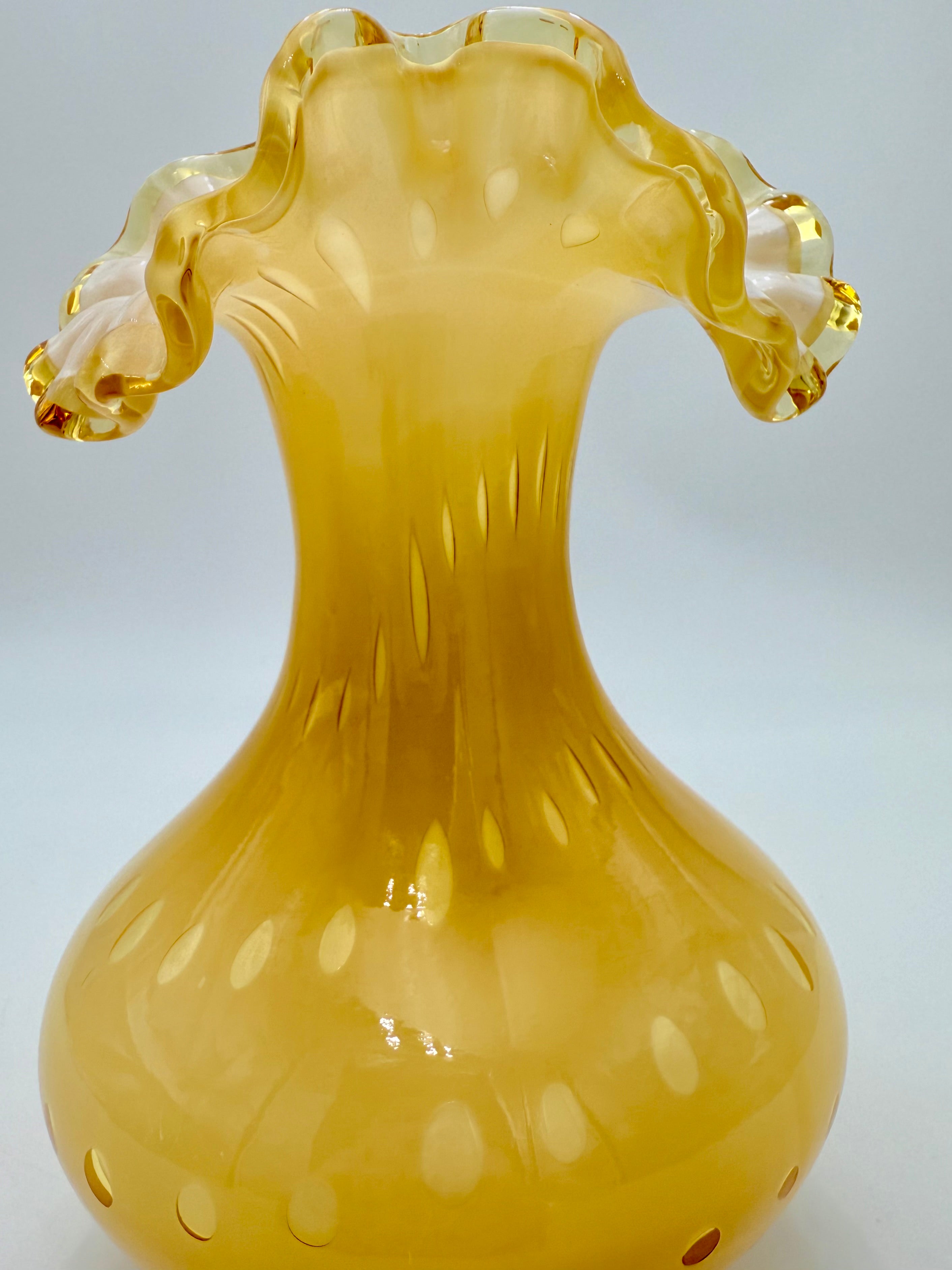 VINTAGE AMBER YELLOW OPALESCENT ART GLASS VASE WITH RUFFLED RIM – MID CENTURY EUROPEAN DECOR – 7.5 INCH