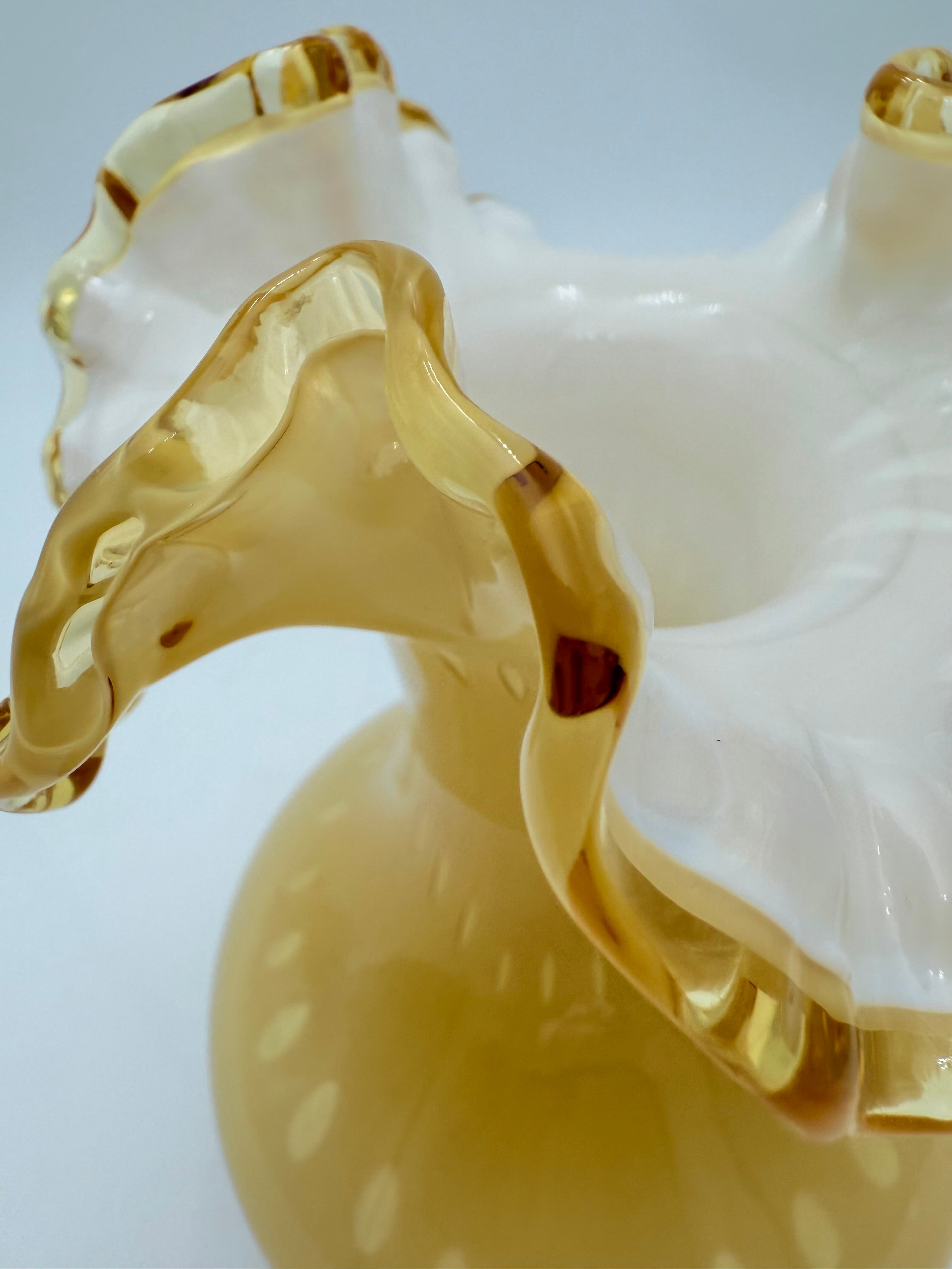 VINTAGE AMBER YELLOW OPALESCENT ART GLASS VASE WITH RUFFLED RIM – MID CENTURY EUROPEAN DECOR – 7.5 INCH