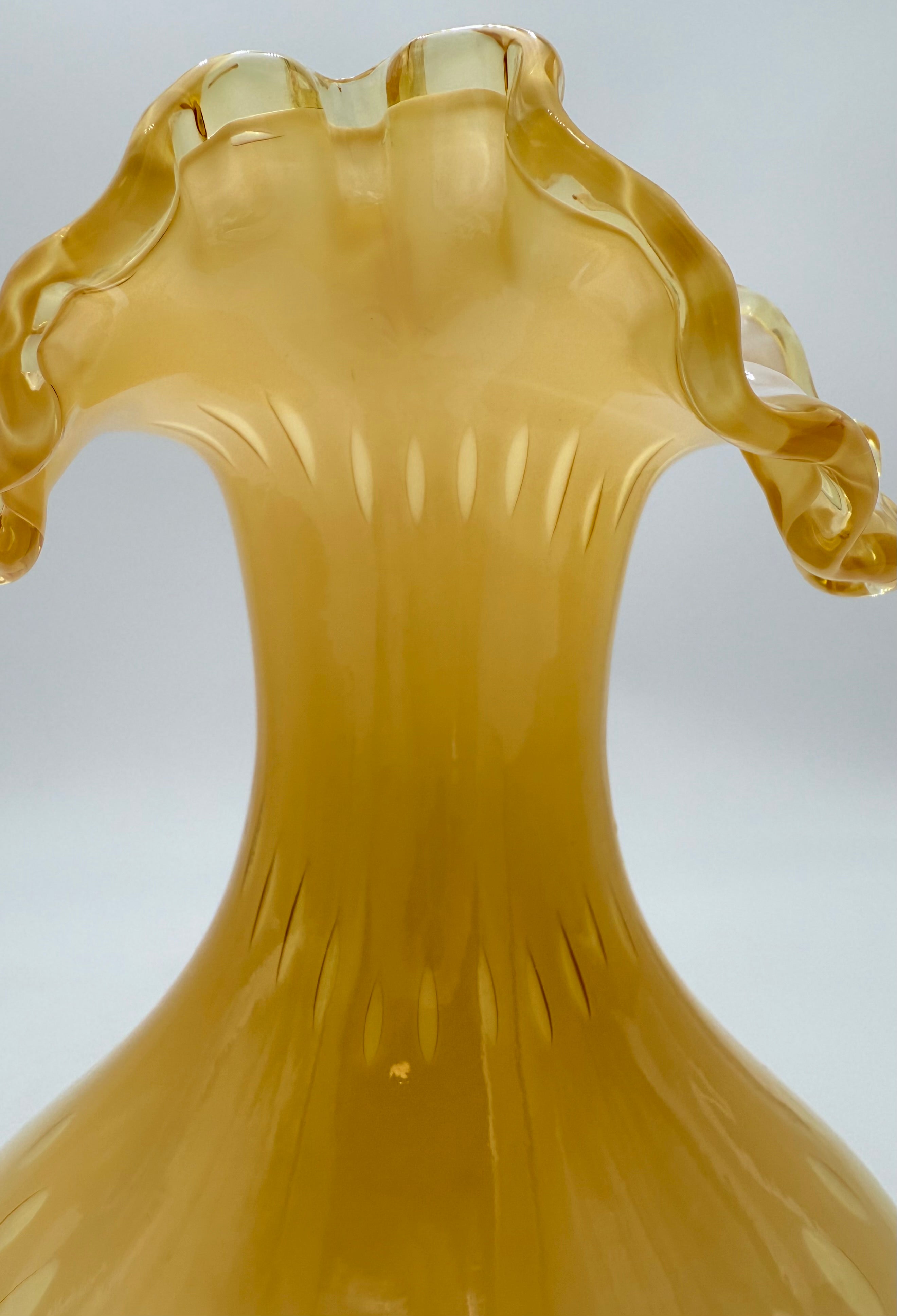 VINTAGE AMBER YELLOW OPALESCENT ART GLASS VASE WITH RUFFLED RIM – MID CENTURY EUROPEAN DECOR – 7.5 INCH
