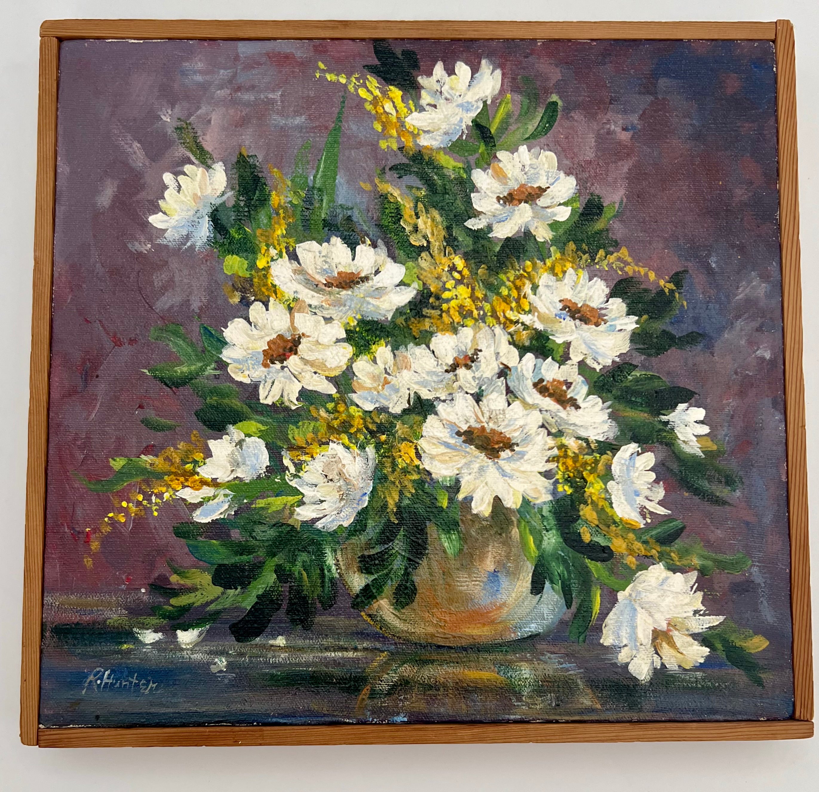 1976 SIGNED R. HUNTER PAINTING “WHITE FLOWERS” ORIGINAL ACRYLIC STILL LIFE