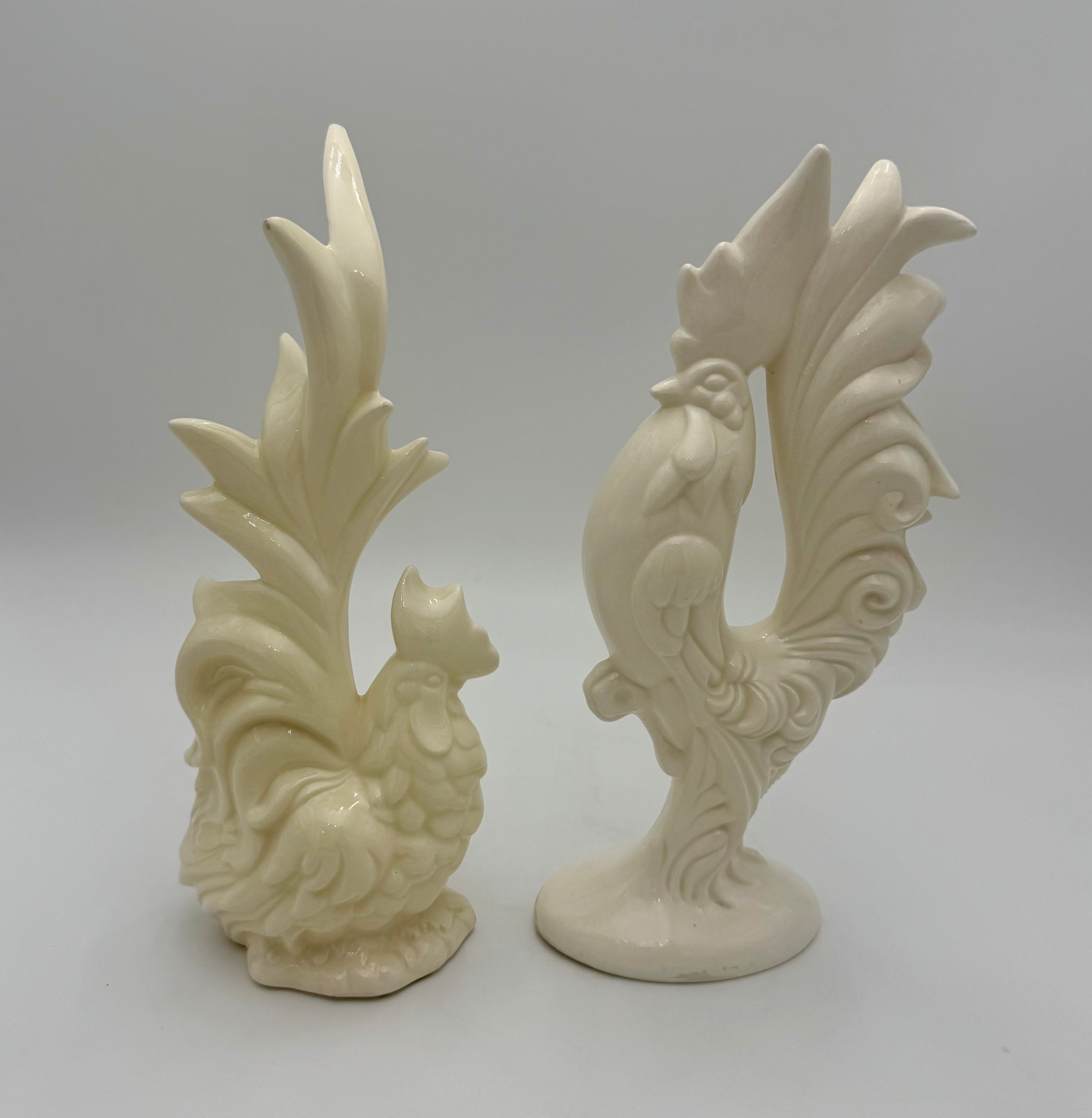 VINTAGE CERAMIC ROOSTER AND HEN FIGURINES • CREAM HOLLYWOOD REGENCY DECOR • SCULPTURAL MID CENTURY PAIR