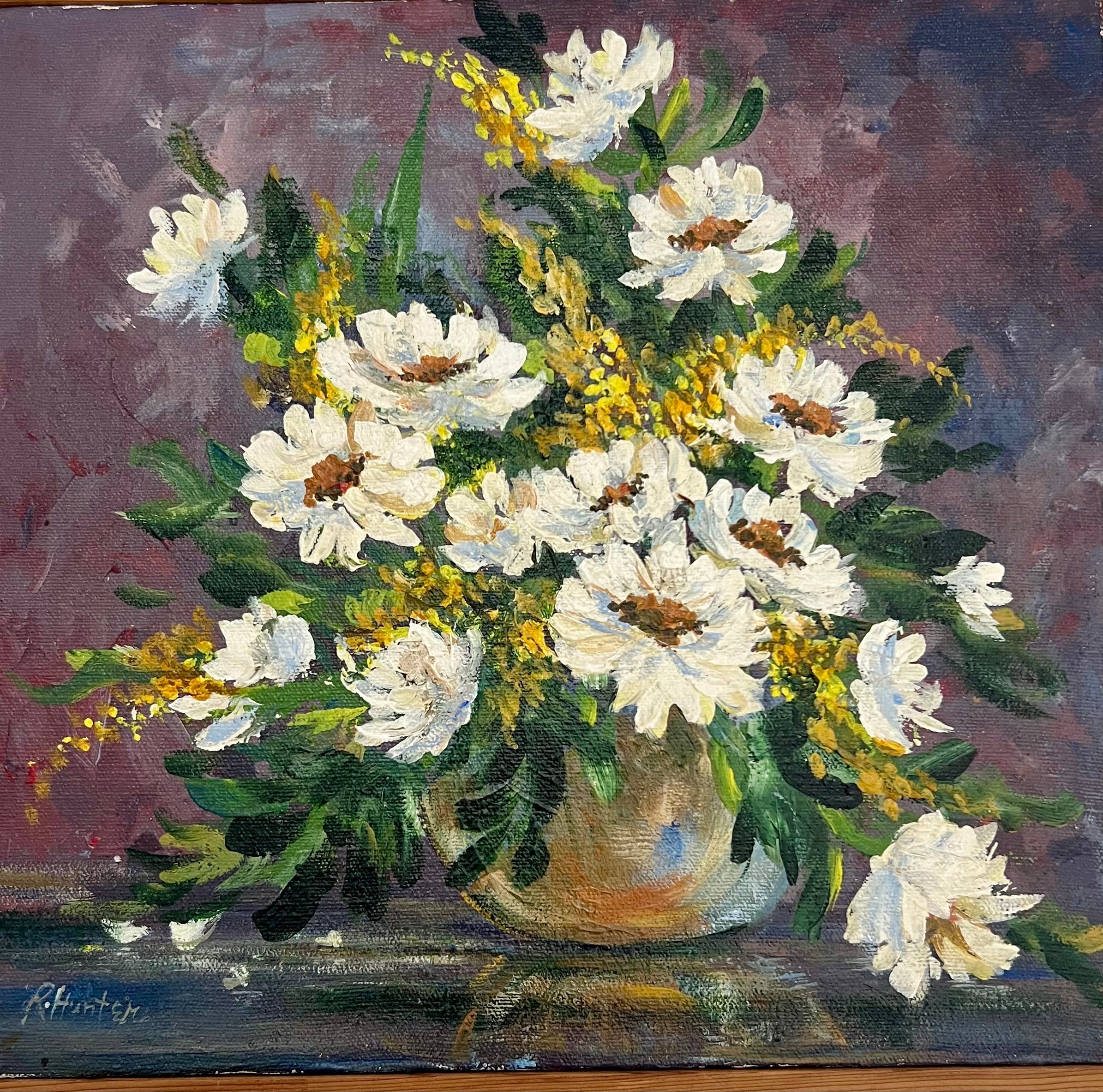 1976 SIGNED R. HUNTER PAINTING “WHITE FLOWERS” ORIGINAL ACRYLIC STILL LIFE