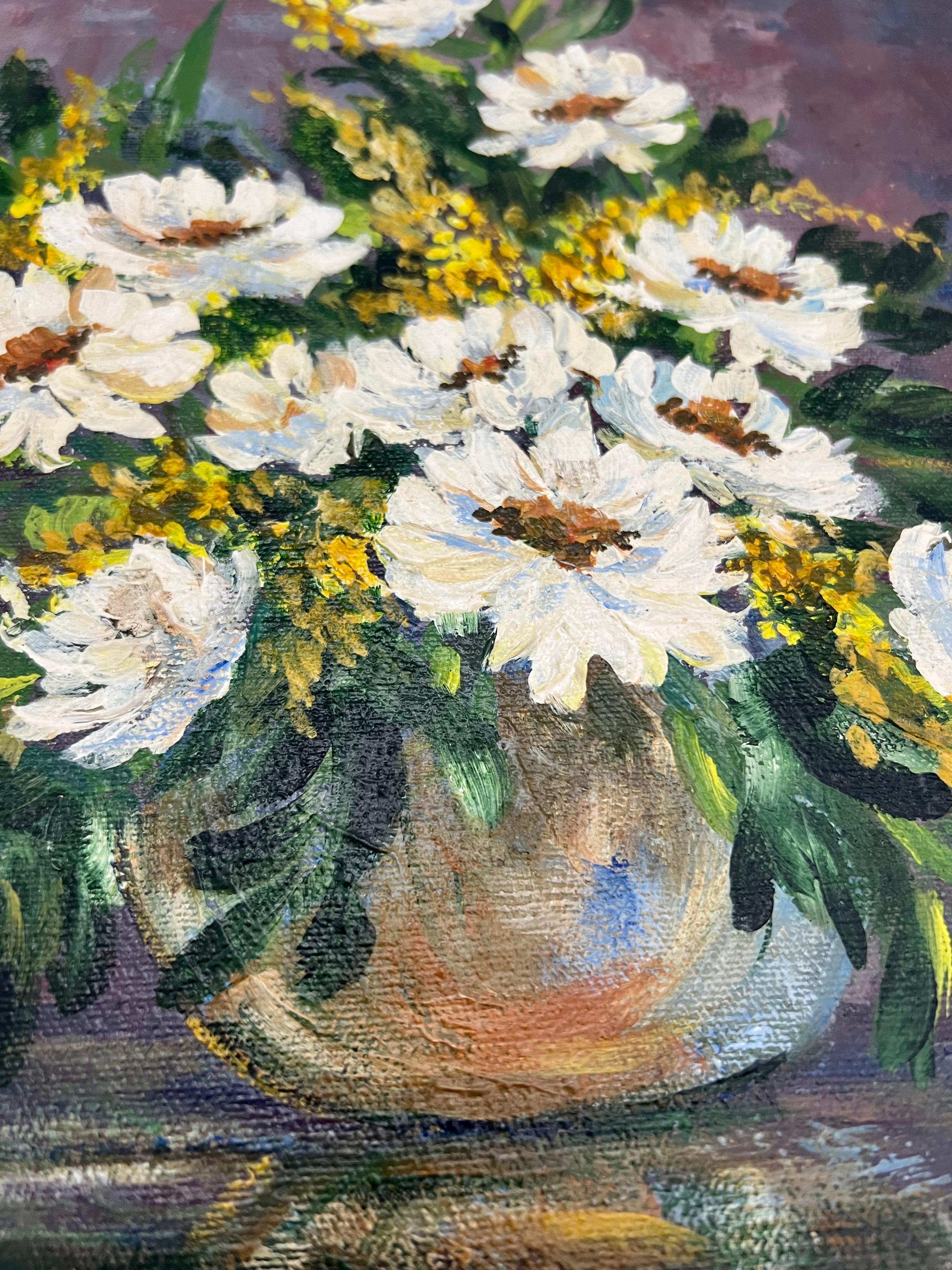 1976 SIGNED R. HUNTER PAINTING “WHITE FLOWERS” ORIGINAL ACRYLIC STILL LIFE