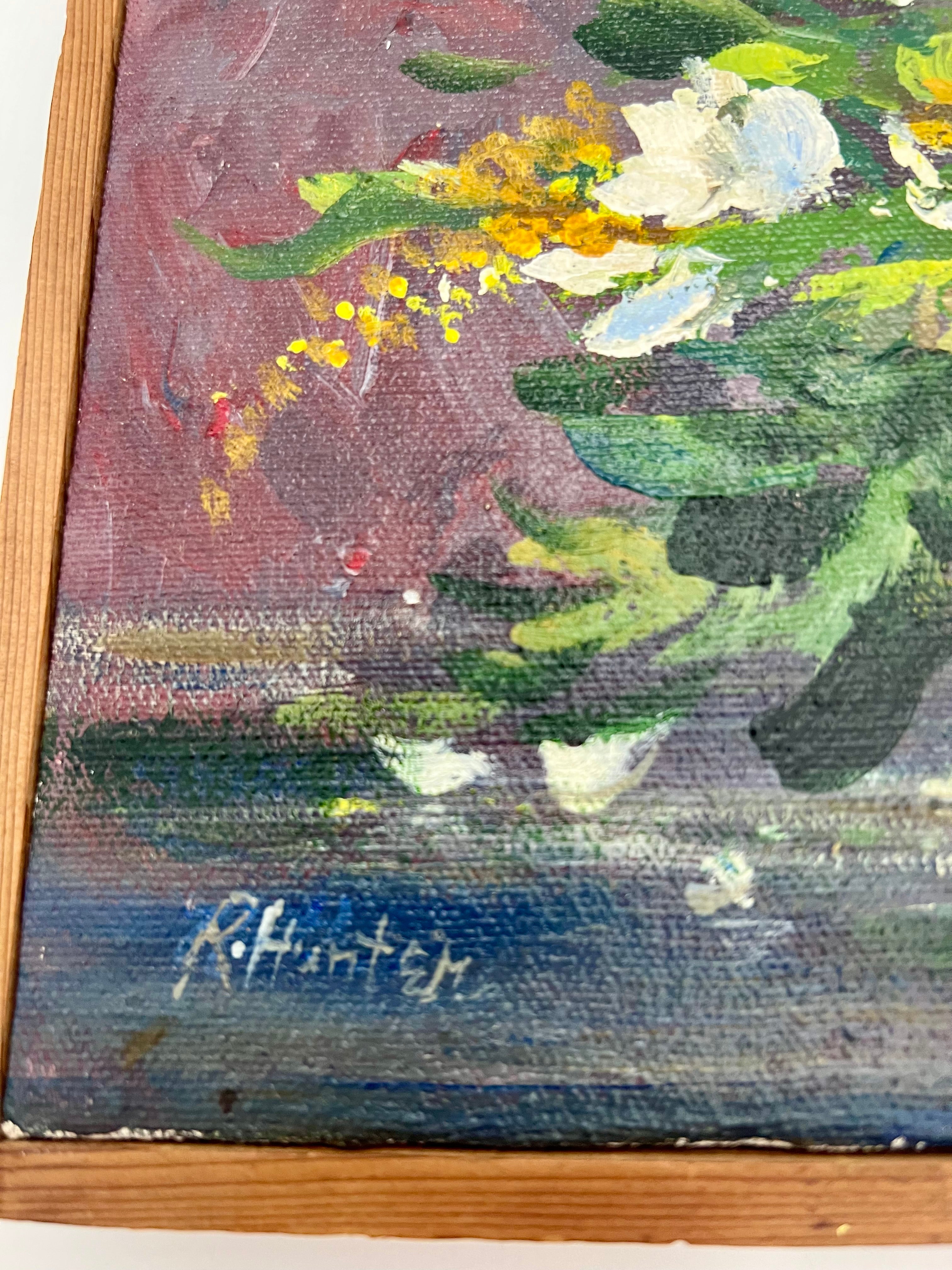 1976 SIGNED R. HUNTER PAINTING “WHITE FLOWERS” ORIGINAL ACRYLIC STILL LIFE