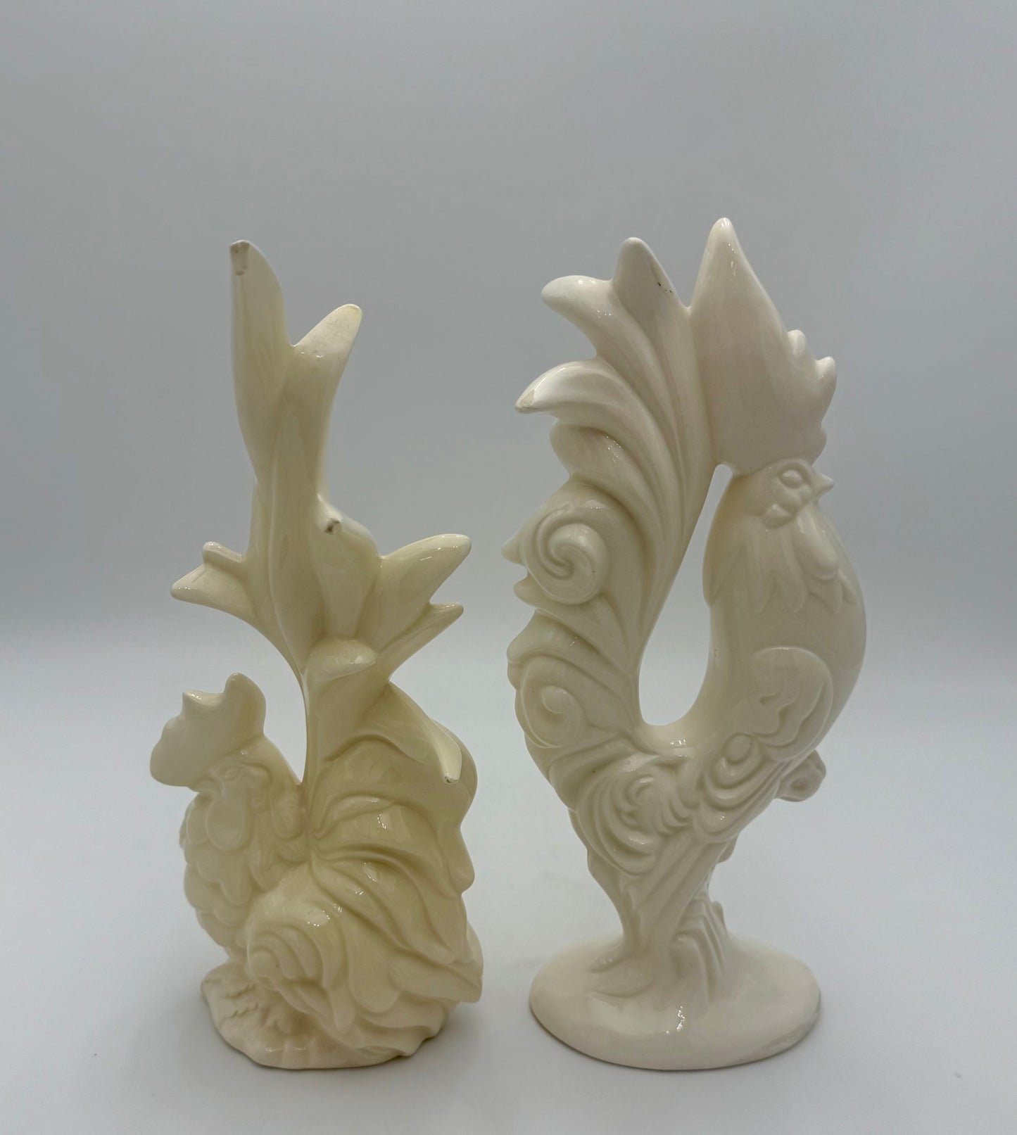 MIDCENTURY ELEGANT IVORY ROOSTER AND HEN FIGURINES