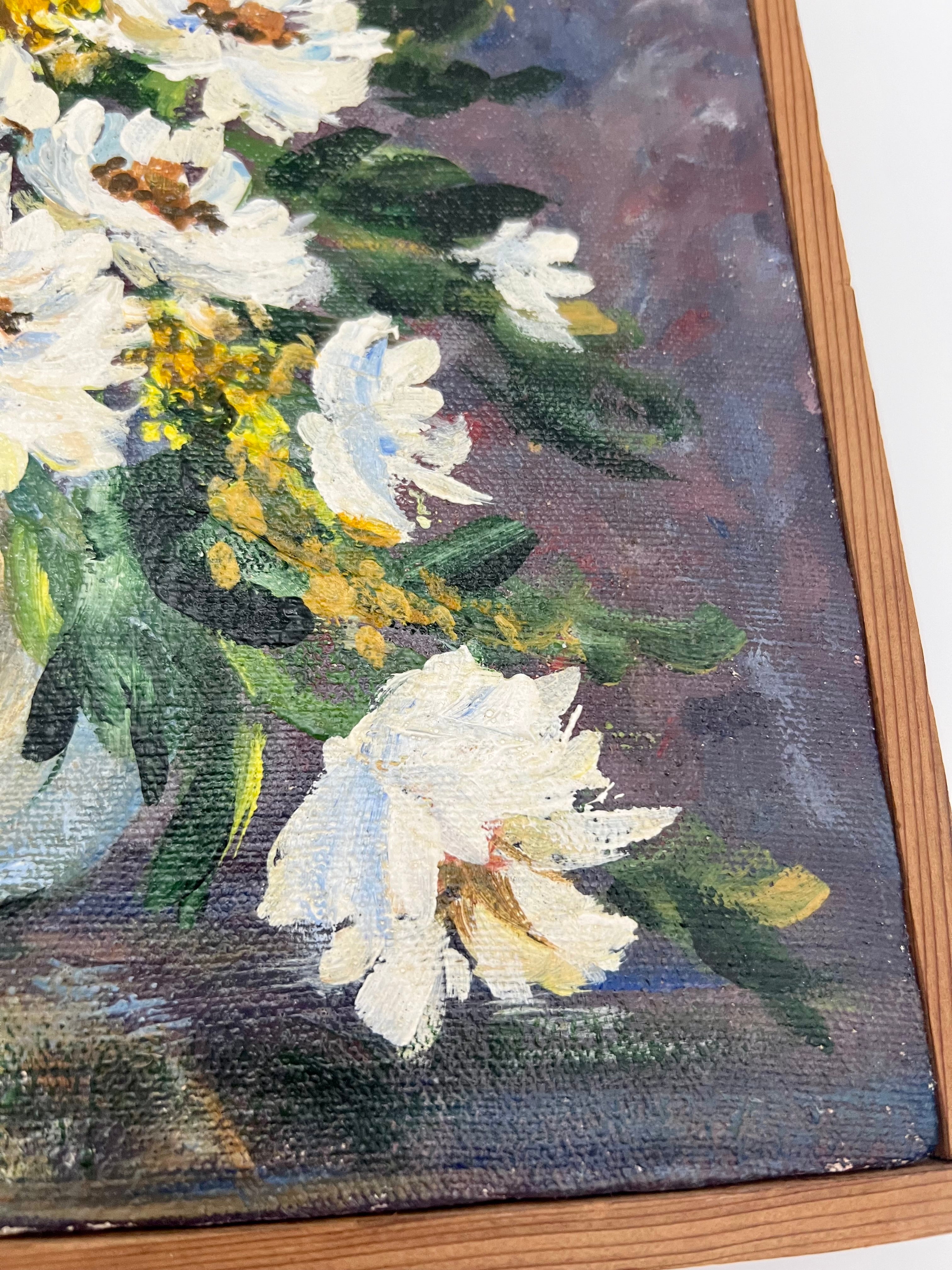 1976 SIGNED R. HUNTER PAINTING “WHITE FLOWERS” ORIGINAL ACRYLIC STILL LIFE