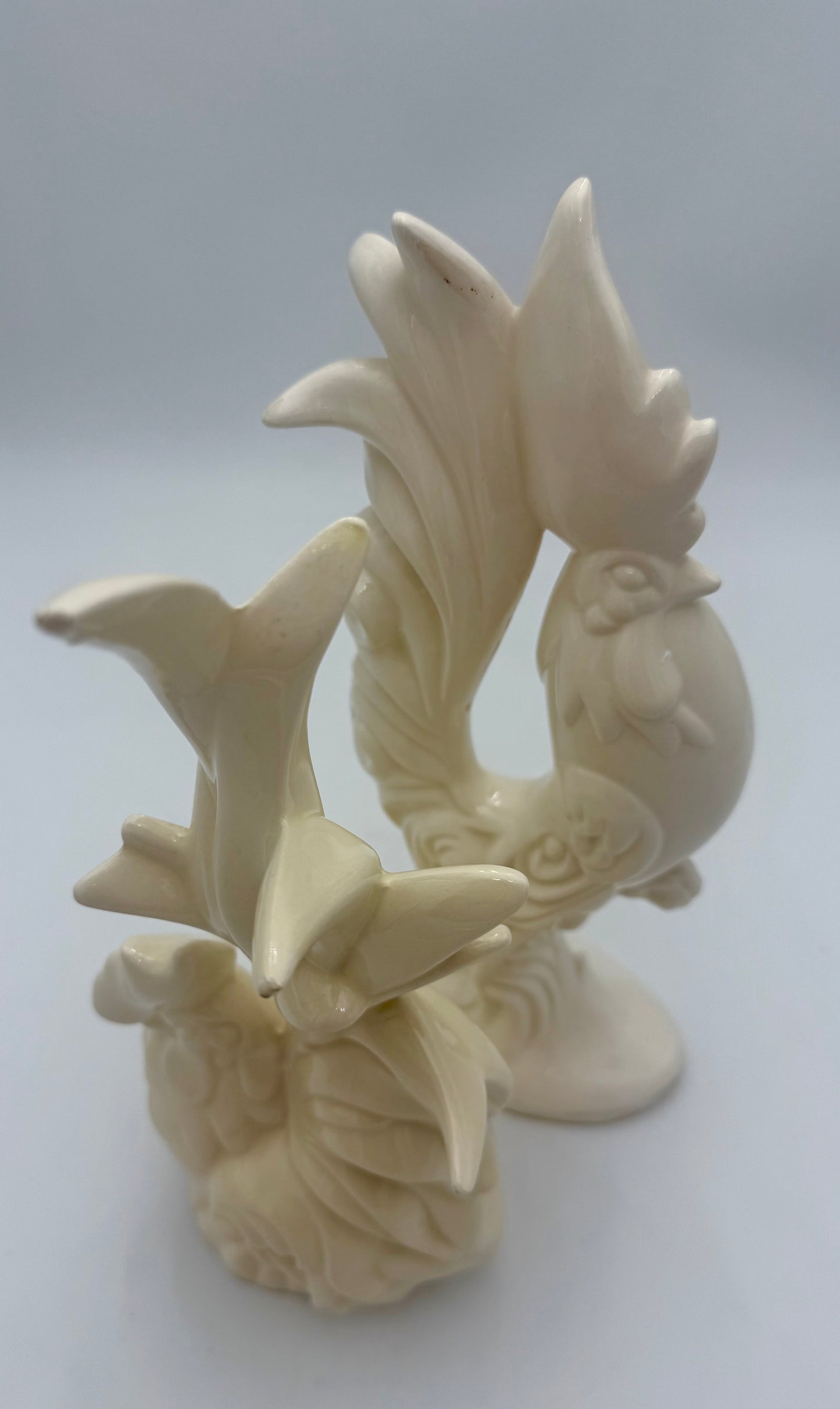 MIDCENTURY ELEGANT IVORY ROOSTER AND HEN FIGURINES