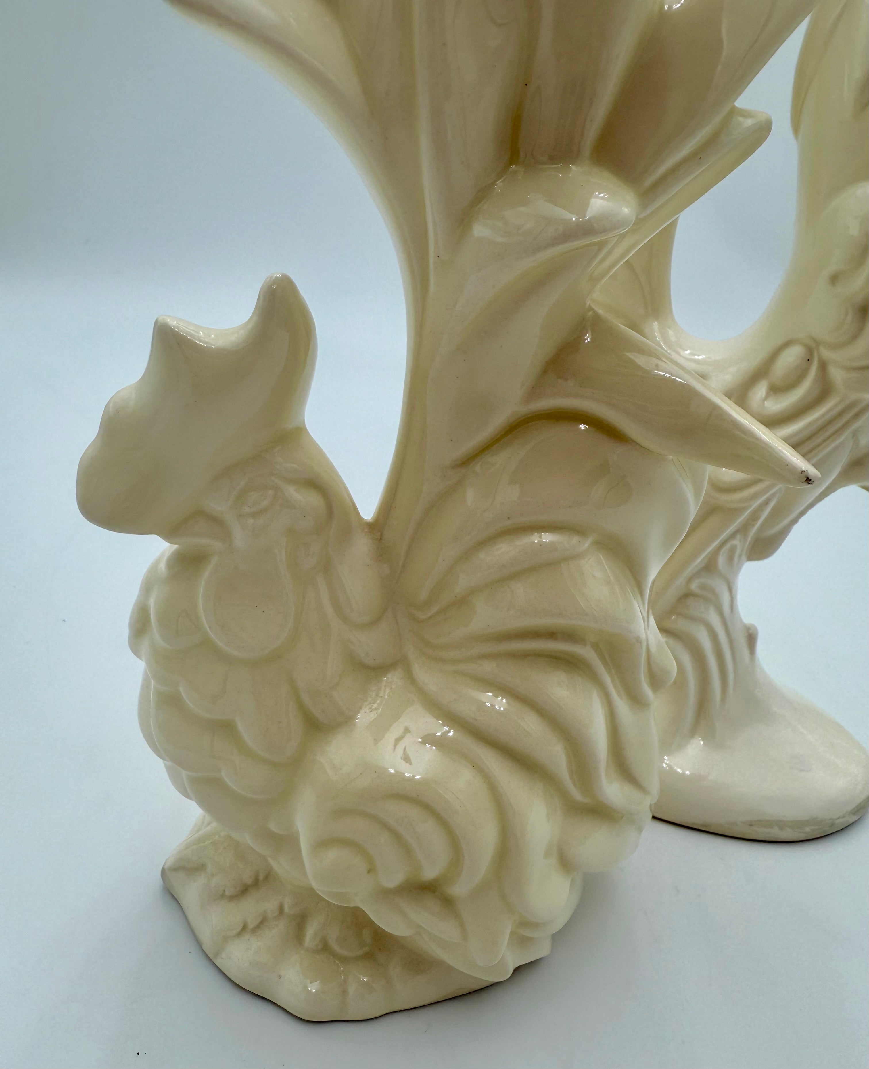 VINTAGE CERAMIC ROOSTER AND HEN FIGURINES • CREAM HOLLYWOOD REGENCY DECOR • SCULPTURAL MID CENTURY PAIR