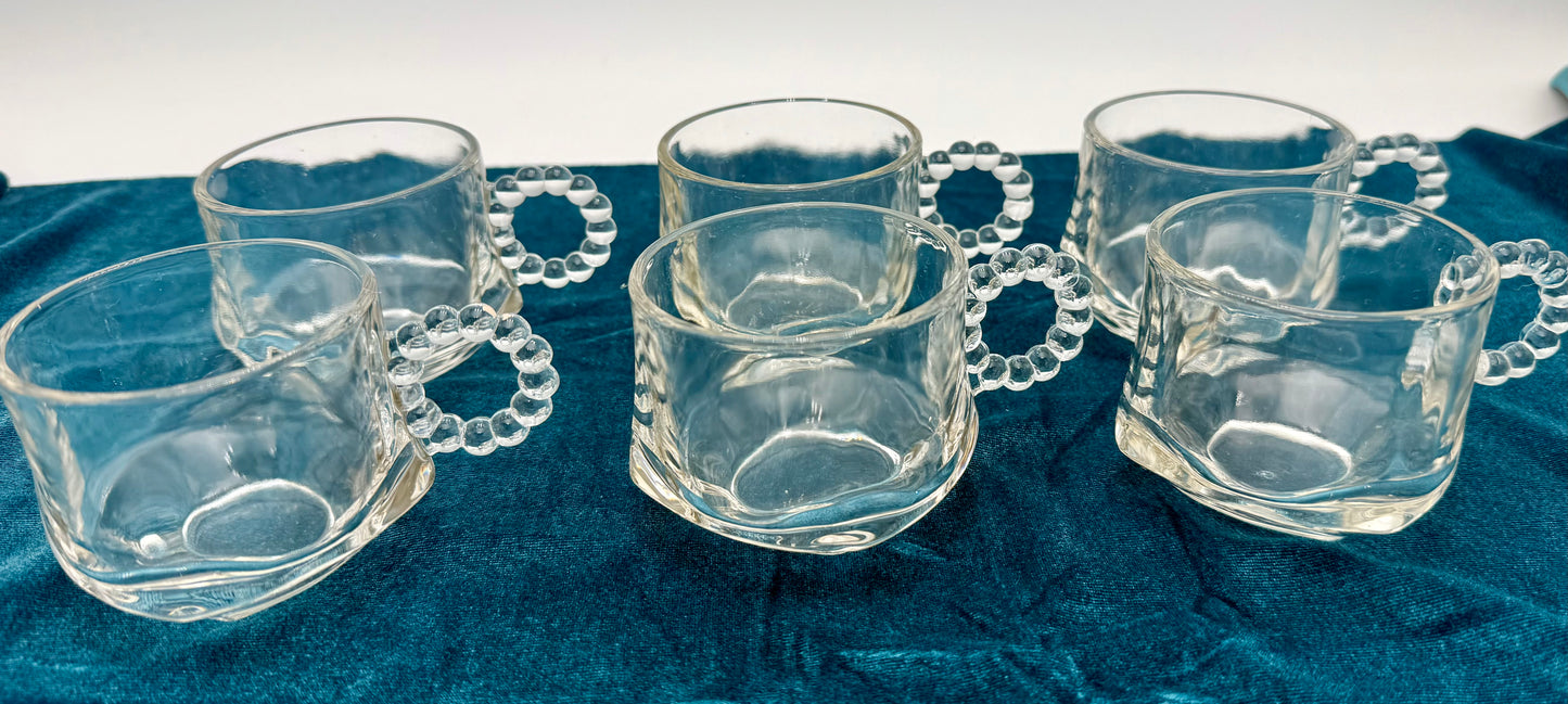 1940s HAZEL ATLAS ORCHARD CRYSTAL GLASS PUNCH CUPS WITH BEADED HANDLES, SET OF 7