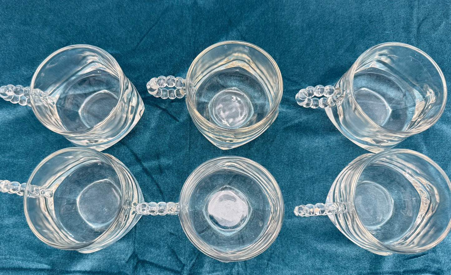1940s HAZEL ATLAS ORCHARD CRYSTAL GLASS PUNCH CUPS WITH BEADED HANDLES, SET OF 7