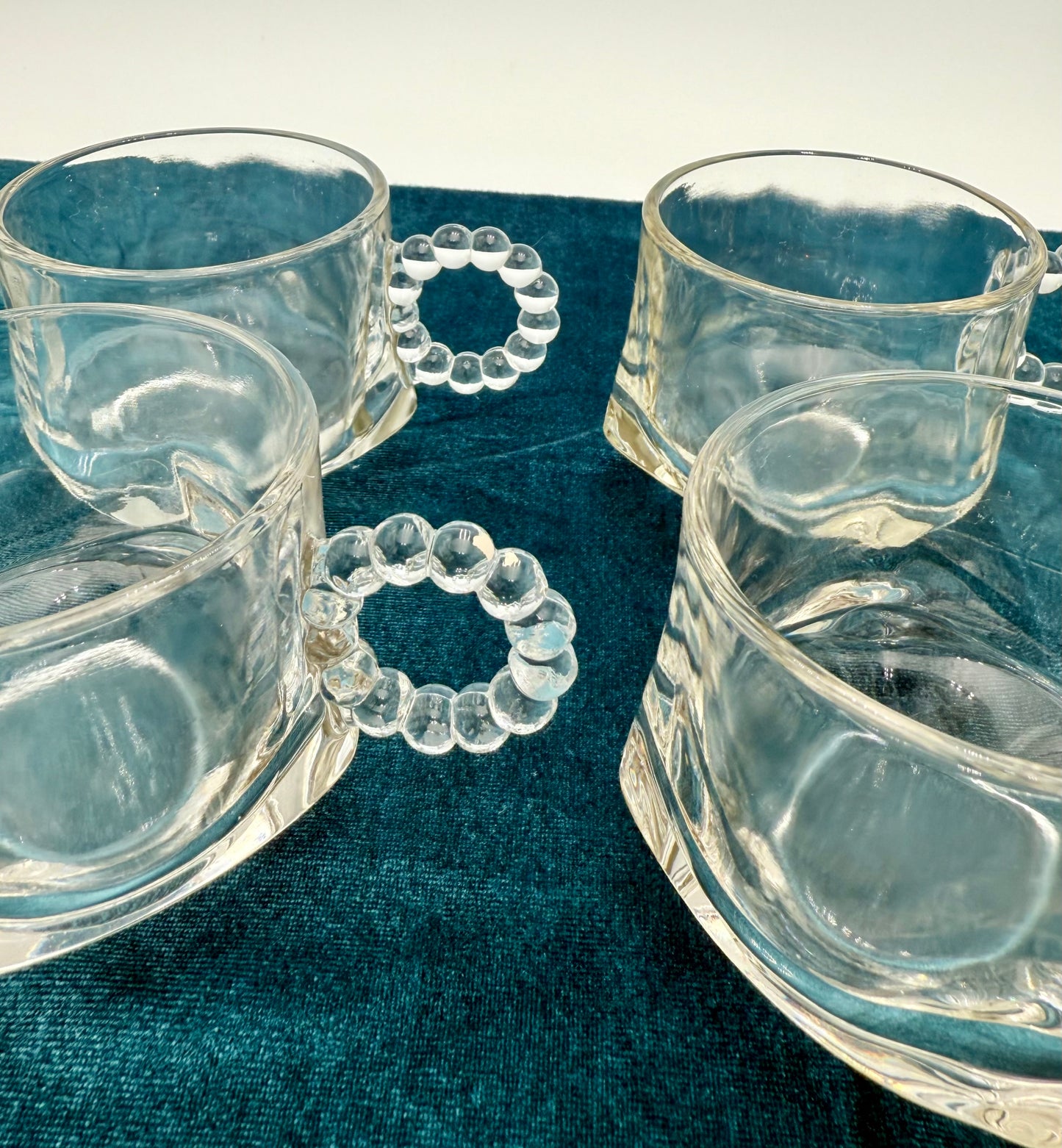 1940s HAZEL ATLAS ORCHARD CRYSTAL GLASS PUNCH CUPS WITH BEADED HANDLES, SET OF 7