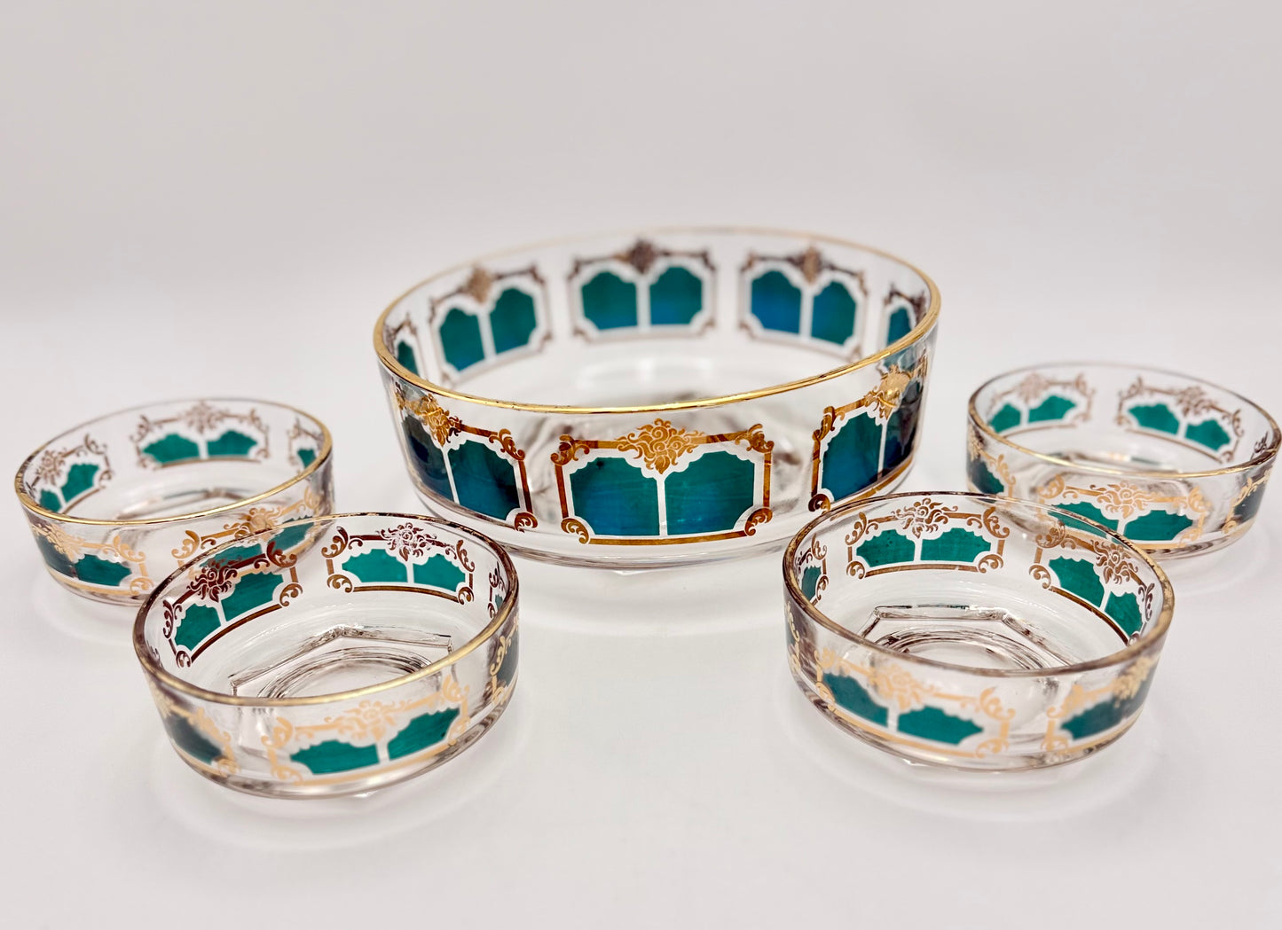 1960s TEAL AND GOLD JEANETTE GLASS CHIP AND DIP SET
