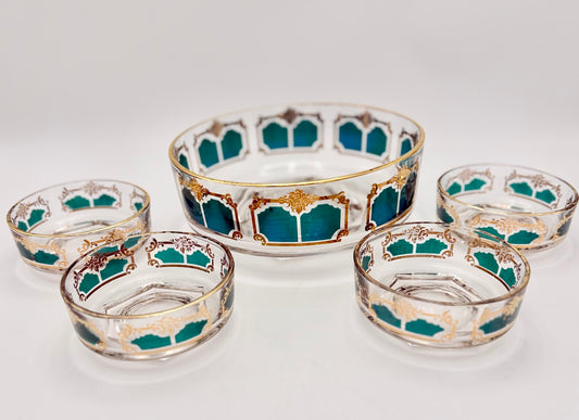 1960s TEAL AND GOLD JEANETTE GLASS CHIP AND DIP SET