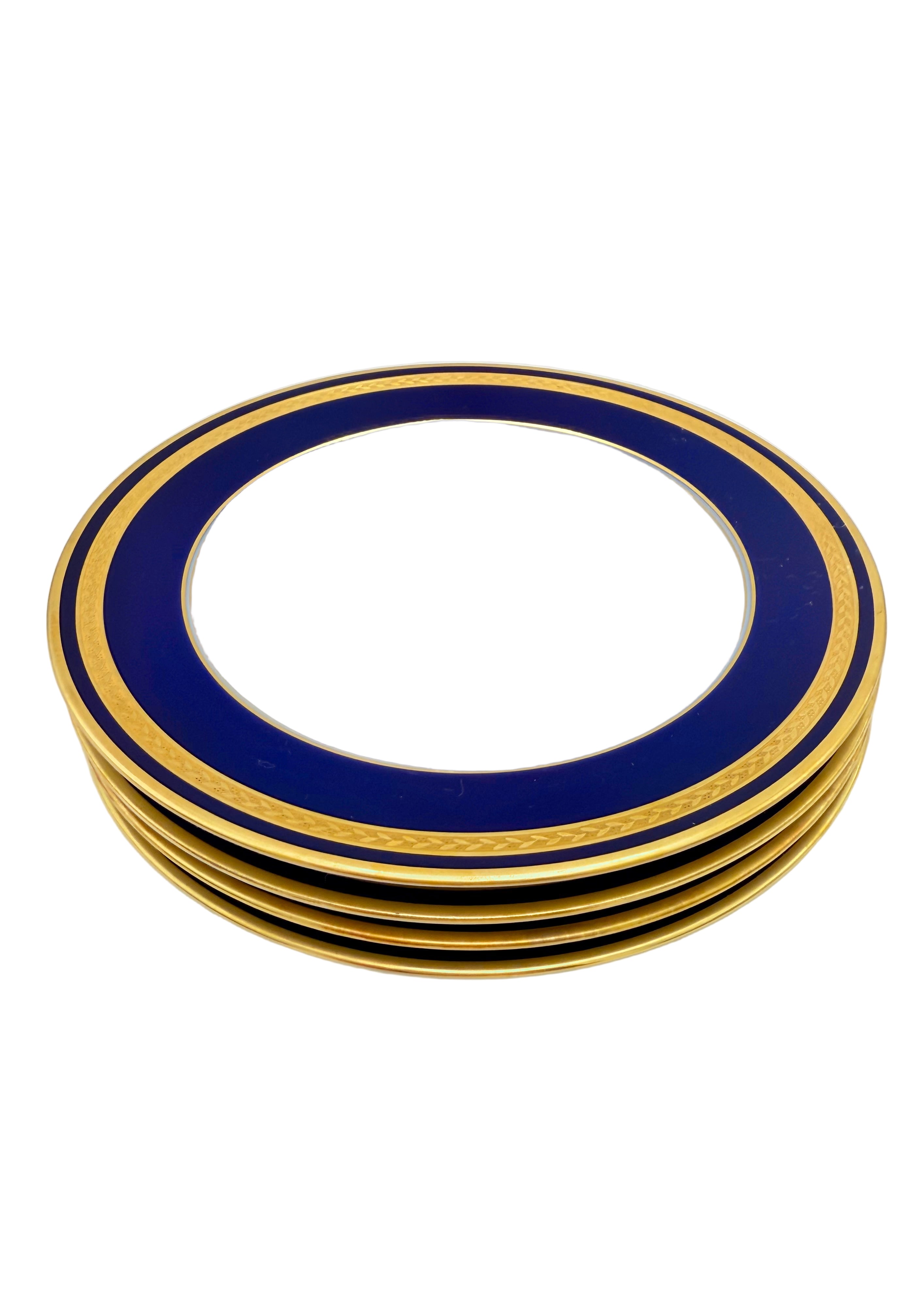 VINTAGE HUTSCHENREUTHER MONARCH COBALT BLUE & GOLD BREAD PLATES – GERMAN PORCELAIN – SET OF FOUR – 7.5 INCH