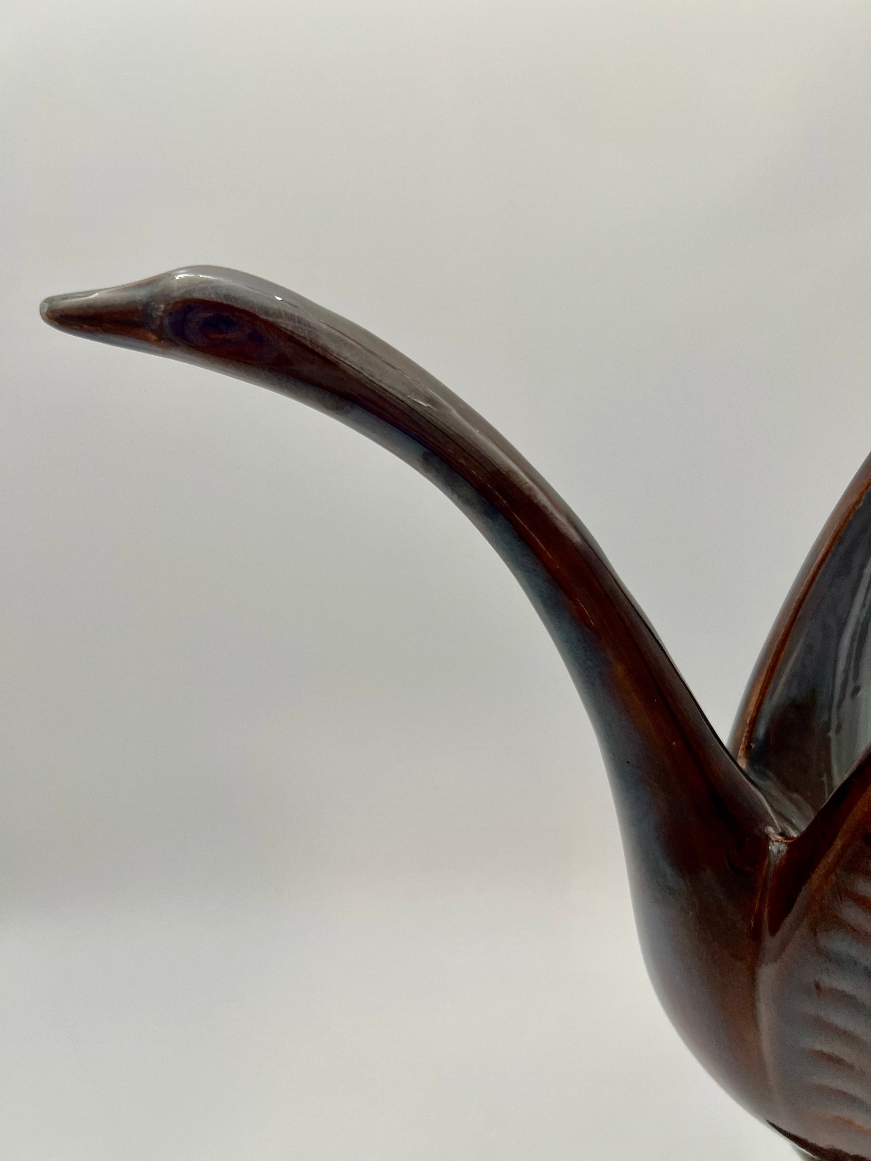 VINTAGE MID-CENTURY ROYAL HAEGER STYLE CERAMIC BIRD SCULPTURE – 17” TALL – GLOSS ESPRESSO OXBLOOD GLAZE – LARGE MCM DECOR