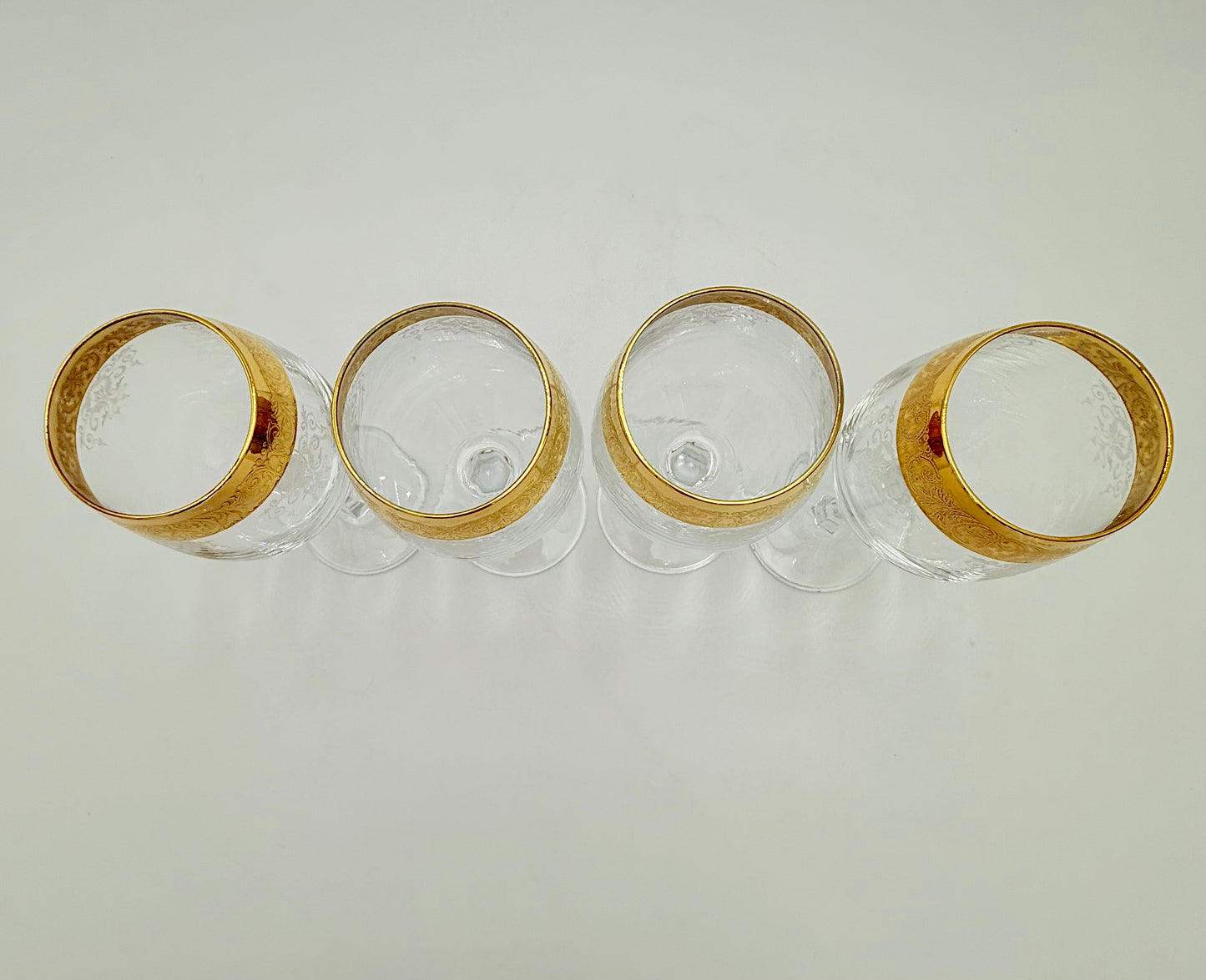 VINTAGE ITALIAN CRYSTAL 24K GOLD ETCHED WINE GLASSES SET OF 4