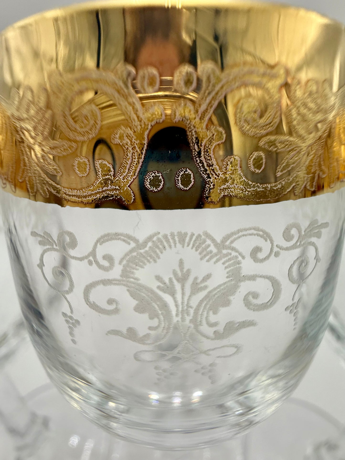 VINTAGE ITALIAN CRYSTAL 24K GOLD ETCHED WINE GLASSES SET OF 4