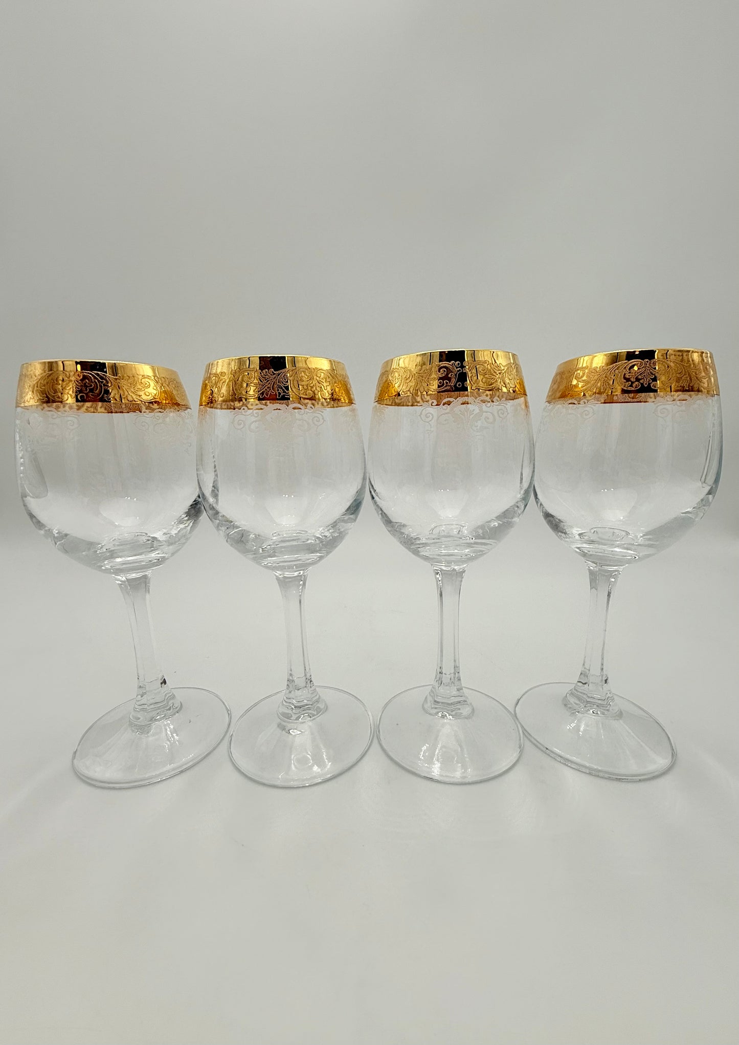 VINTAGE ITALIAN CRYSTAL 24K GOLD ETCHED WINE GLASSES SET OF 4