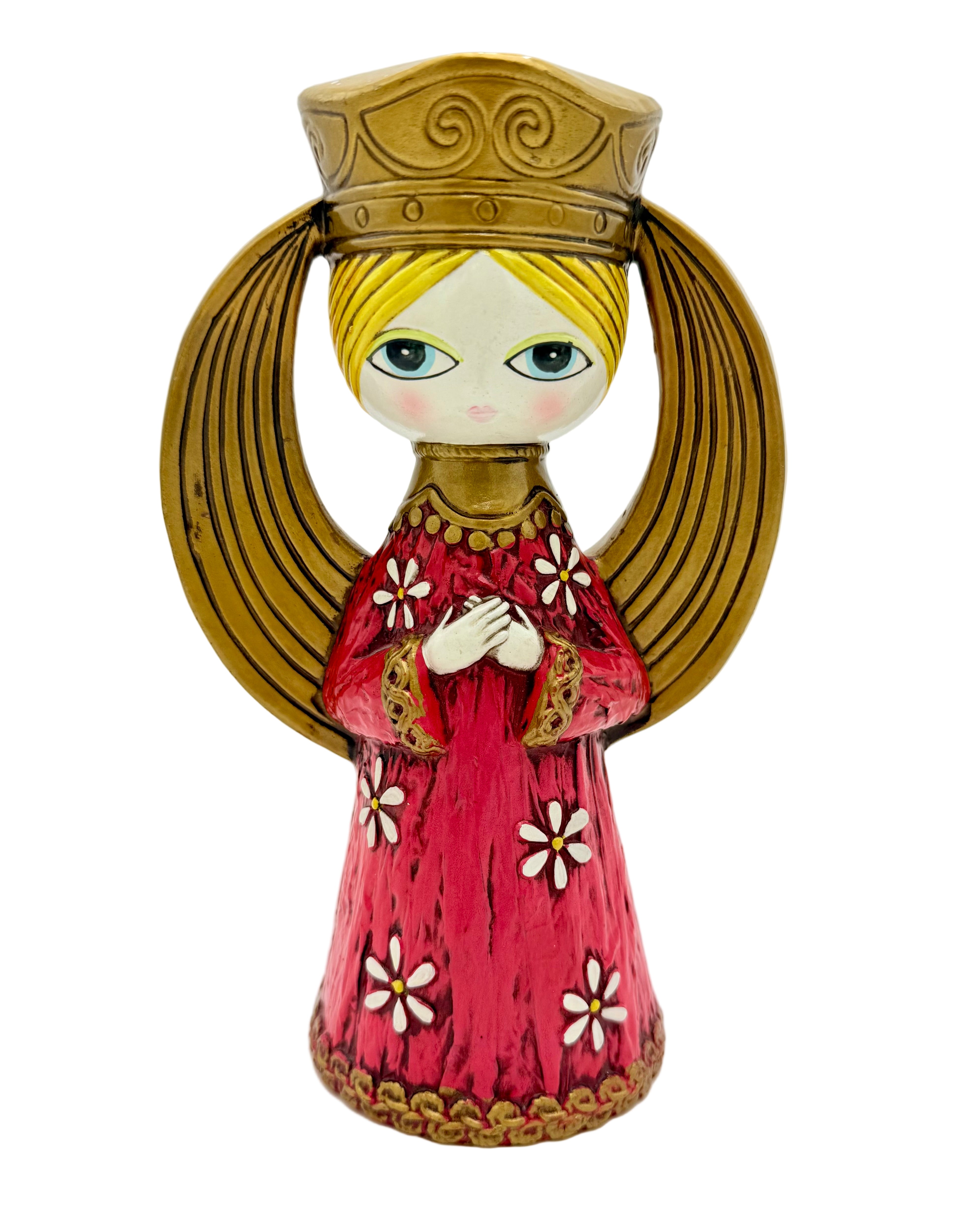 VINTAGE MID CENTURY ANGEL FIGURINE RED GOLD WINGS 10 INCH BIG EYE ANGEL STATUE