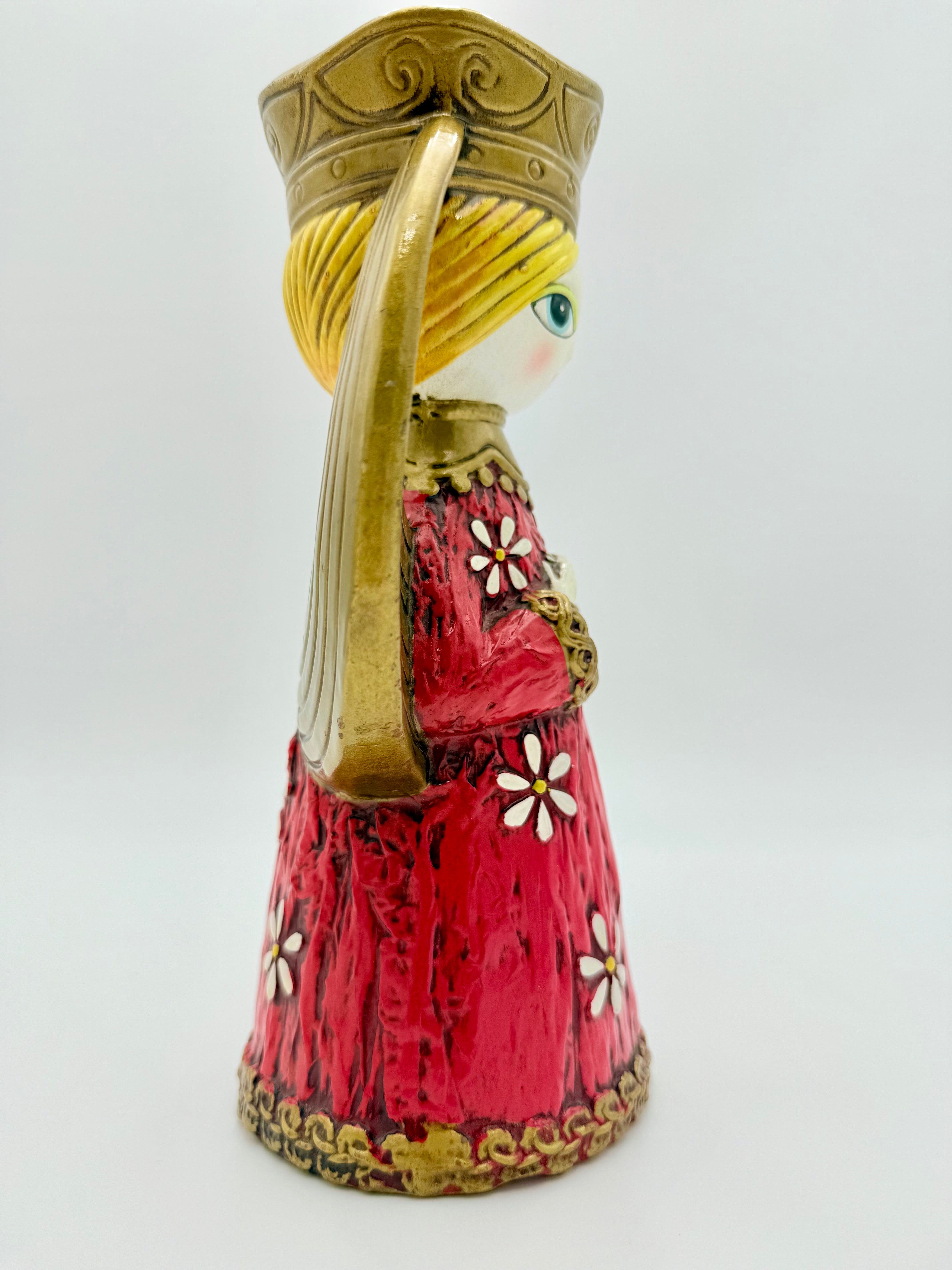 VINTAGE MID CENTURY ANGEL FIGURINE RED GOLD WINGS 10 INCH BIG EYE ANGEL STATUE