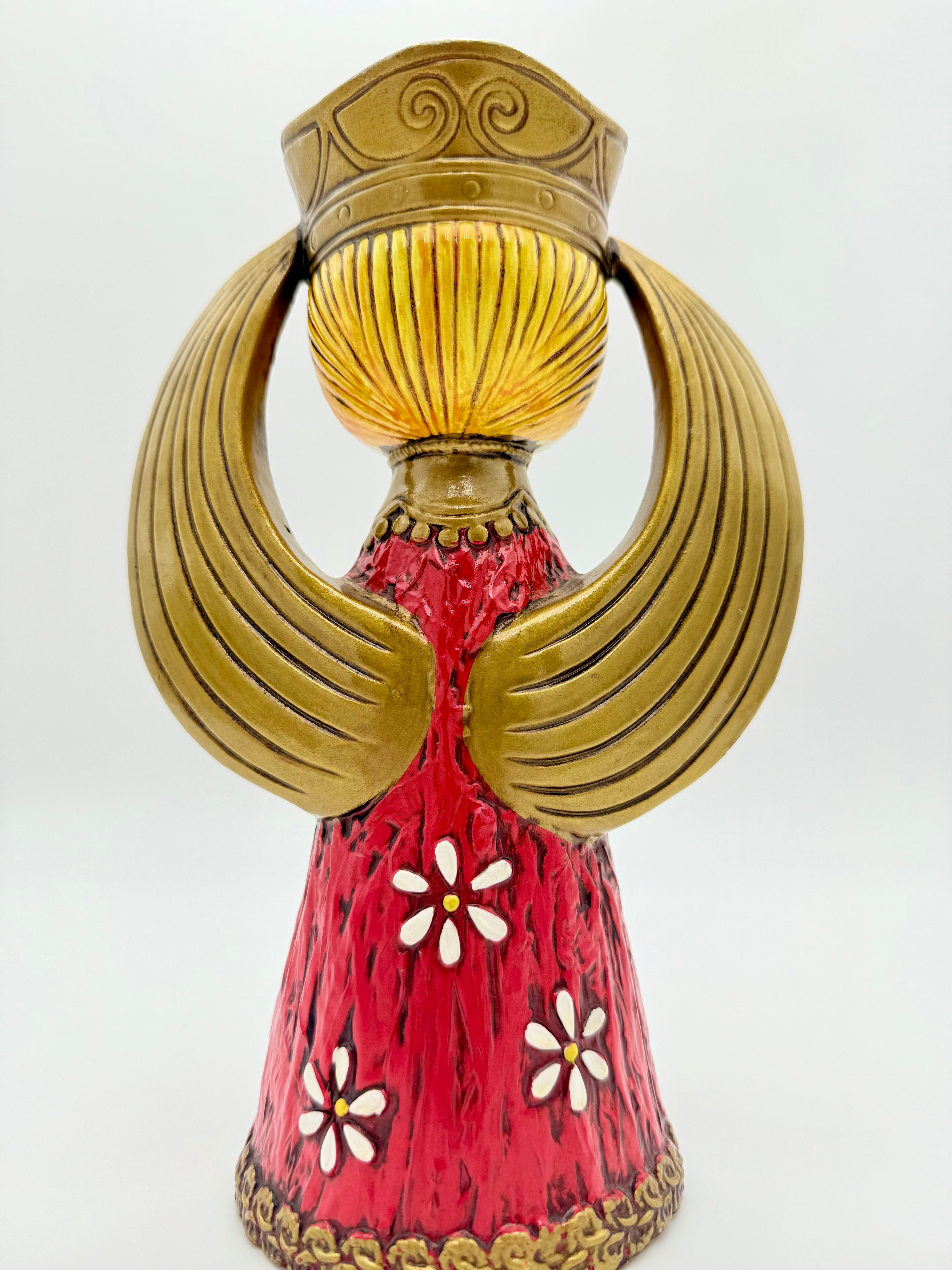 VINTAGE MID CENTURY ANGEL FIGURINE RED GOLD WINGS 10 INCH BIG EYE ANGEL STATUE